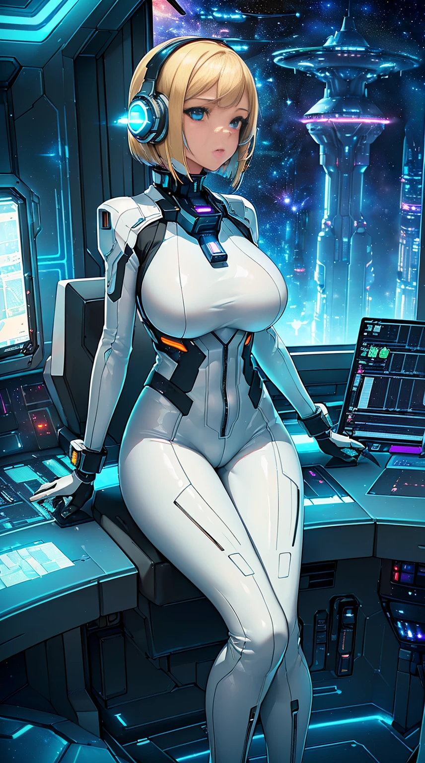 ​masterpiece:1.4, 1girl in ((20yr old, Wearing a futuristic white and silver outfit, Tight Fit Bodysuit, long boots, Very gigantic-breasts, Multicolored blonde hair, a short bob, Perfect model body, Blue eyes:1.4, Wearing headphones, Flirting, Big smile, Looking out the window of the futuristic sci-fi space station、While admiring the beautiful galaxy:1.2, SFSF control room on night background:1.1, Neon and energetic atmosphere:1.2)) ((Galaxy)) ((Solo:1.6))