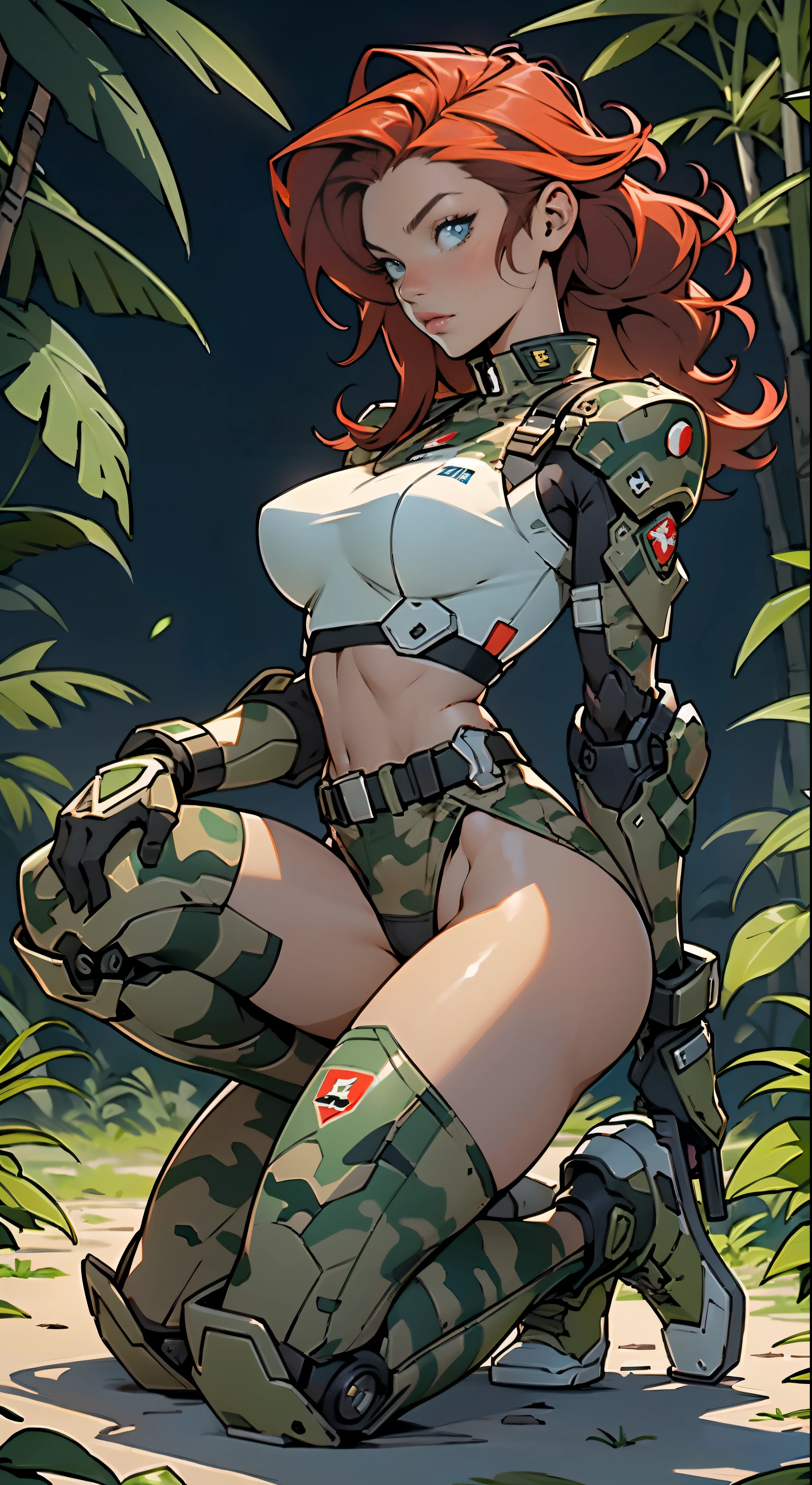 1woman 20 years old, max resolution, sculpted, military, wearing a soldier helmet, beautiful, perfect body, red hair, blue eyes, perfect body, thin waist, wide hips, large breasts, slim thighs, jungle background, armored vehicle, military robot dog, camouflaged uniform, tight panties, two-piece, highly detailed, high resolution, perfect hands, side view, camo, face fully turned to the side to look at the viewer, turn her head to look at the viewer, genuflection kneeling, one knee on ground, one knee up, aiming a gun