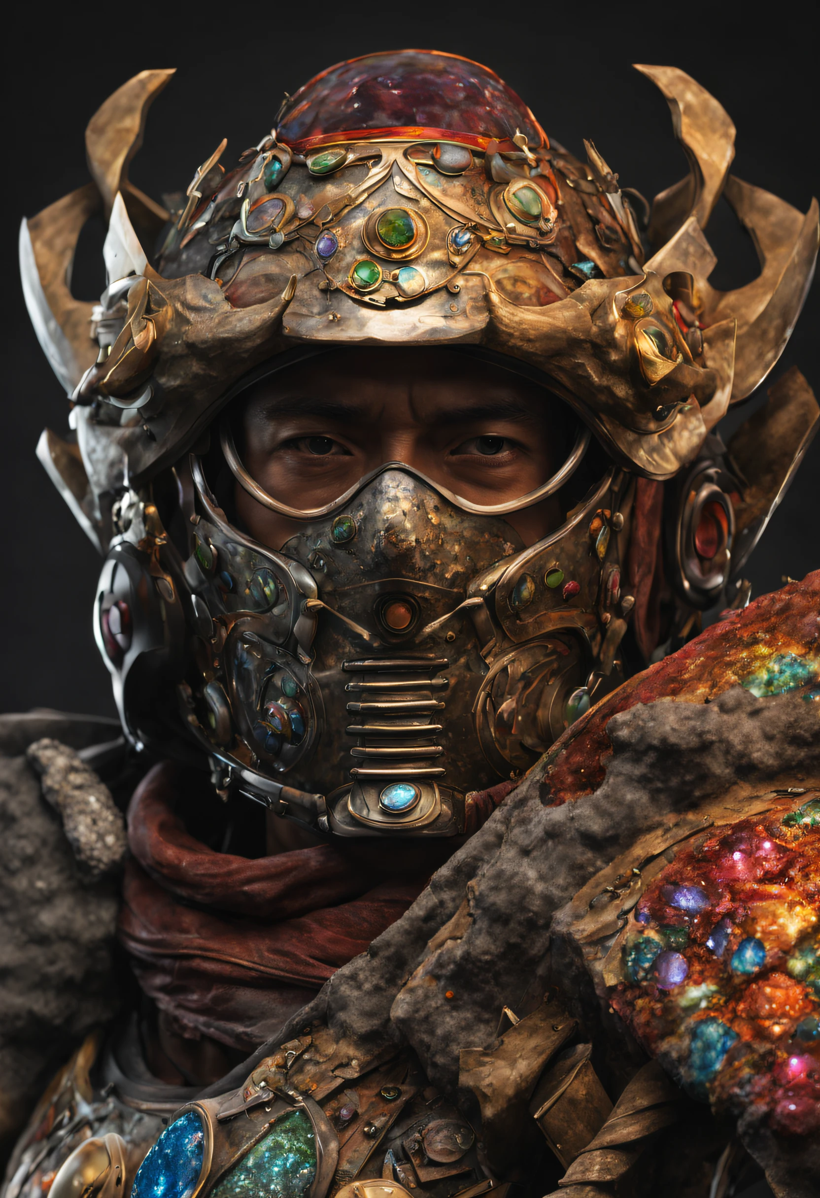 The realistic face of a Japanese biomeca ronin with his mask and helmet made of multicolored diamond and presious rock, it's realistic and detailed.