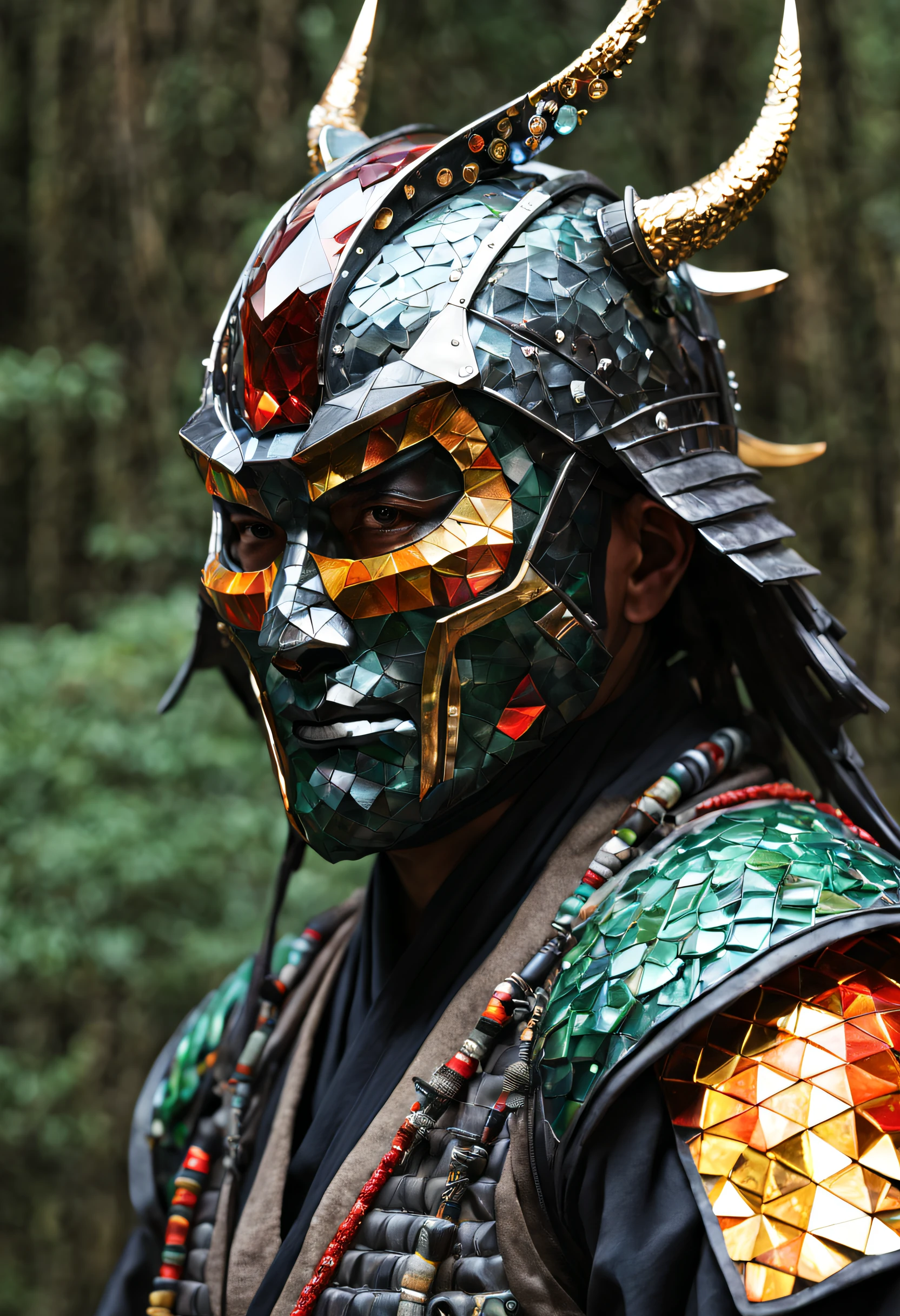 The realistic face of a Japanese biomeca ronin with his mask and helmet made of multicolored diamond and presious rock, it's realistic and detailed.