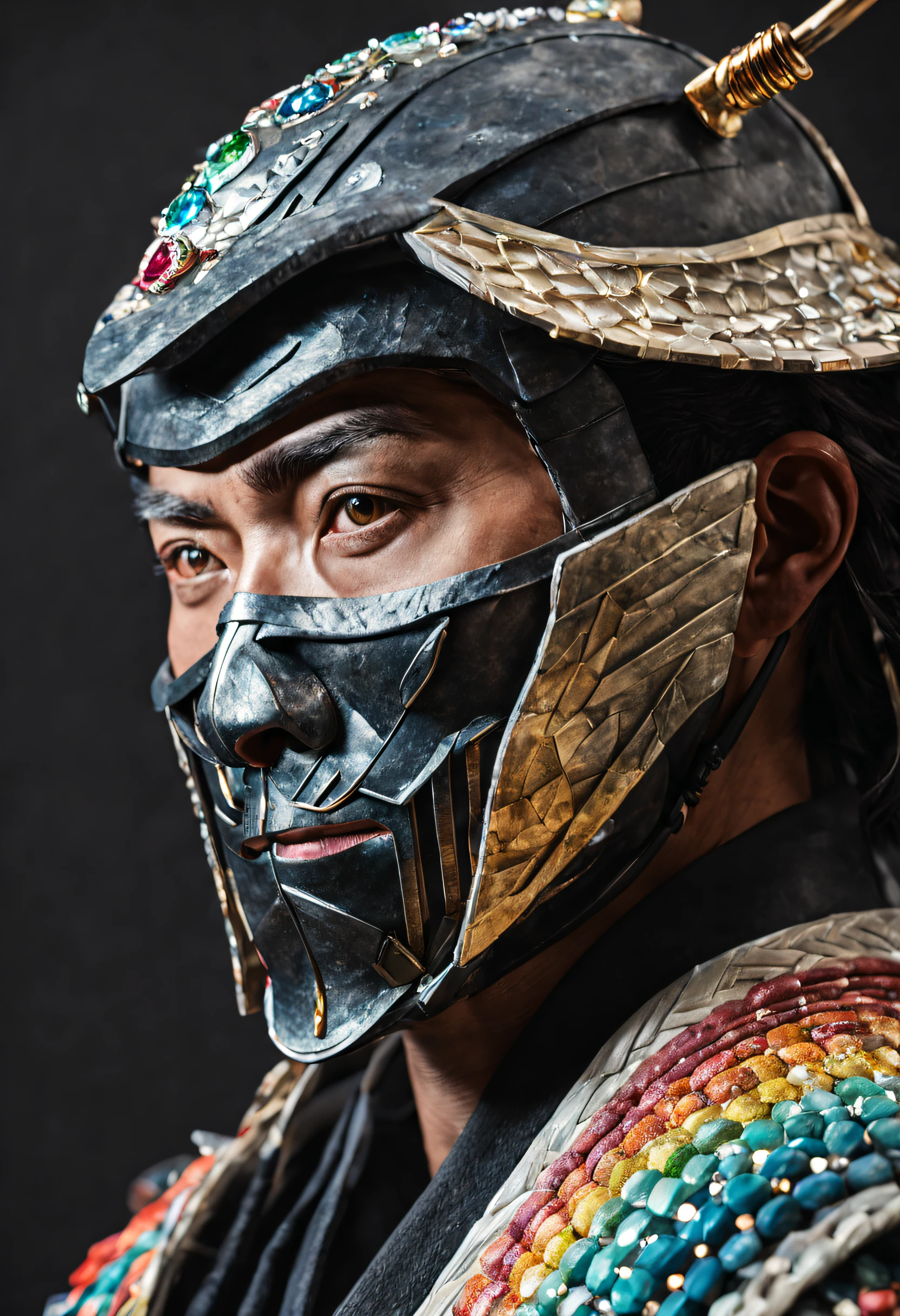The realistic face of a Japanese biomeca ronin with his mask and helmet made of multicolored diamond and presious rock, it's realistic and detailed.