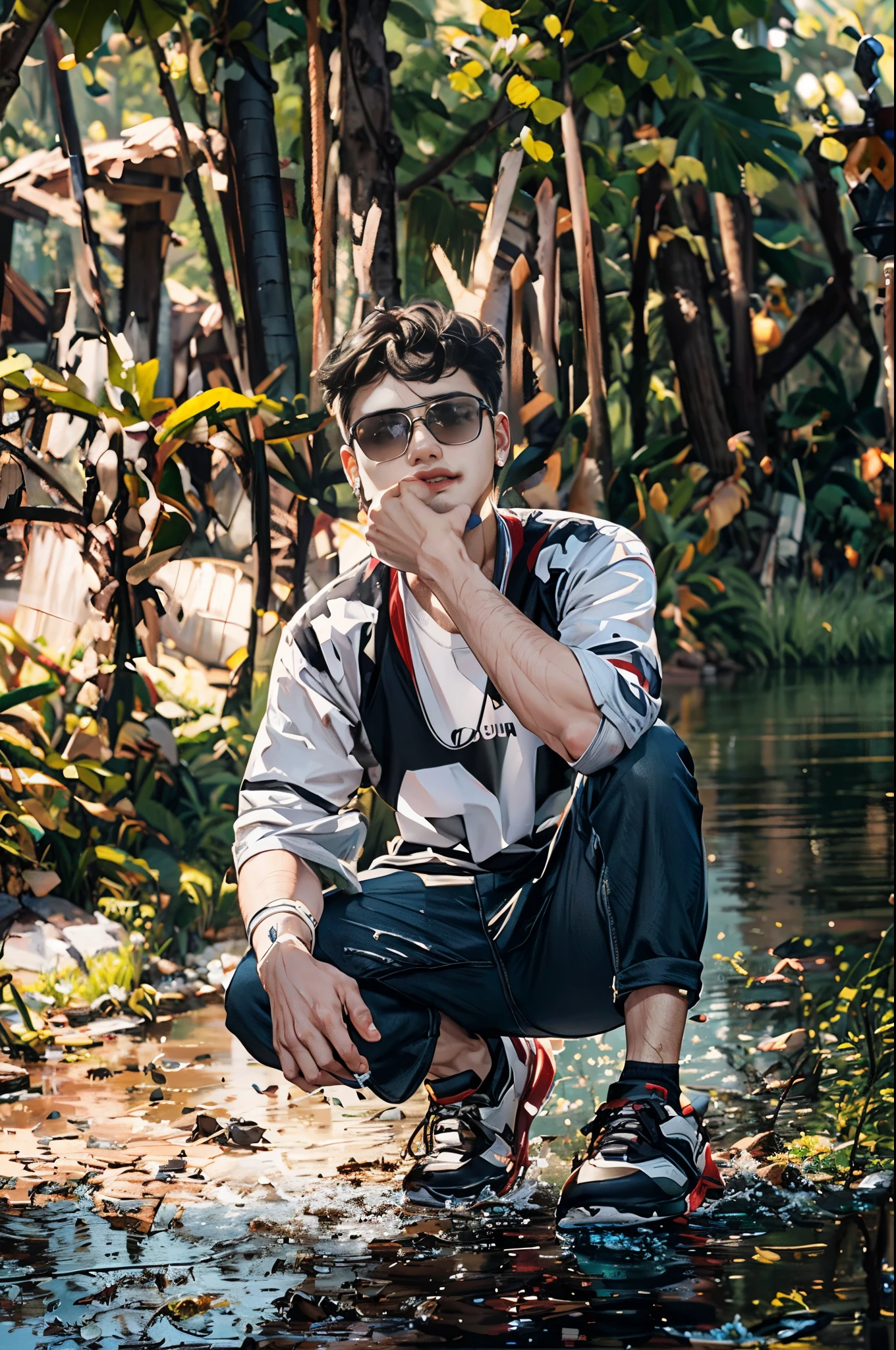 Handsome Javanese Indonesian man (25 years old, oval and clean face, ideal body and neat, Indonesian skin, wearing a trucker jacket and black bag and sneakers, pose sitting on a folding chair, photography style photo facing front, there is a tent beside him, face visible, behind near the man there is a beautiful waterfall, bright ultra HD atmosphere, original photo, high detail, very sharp, 18mm lens, realistic, photography, Leica camera