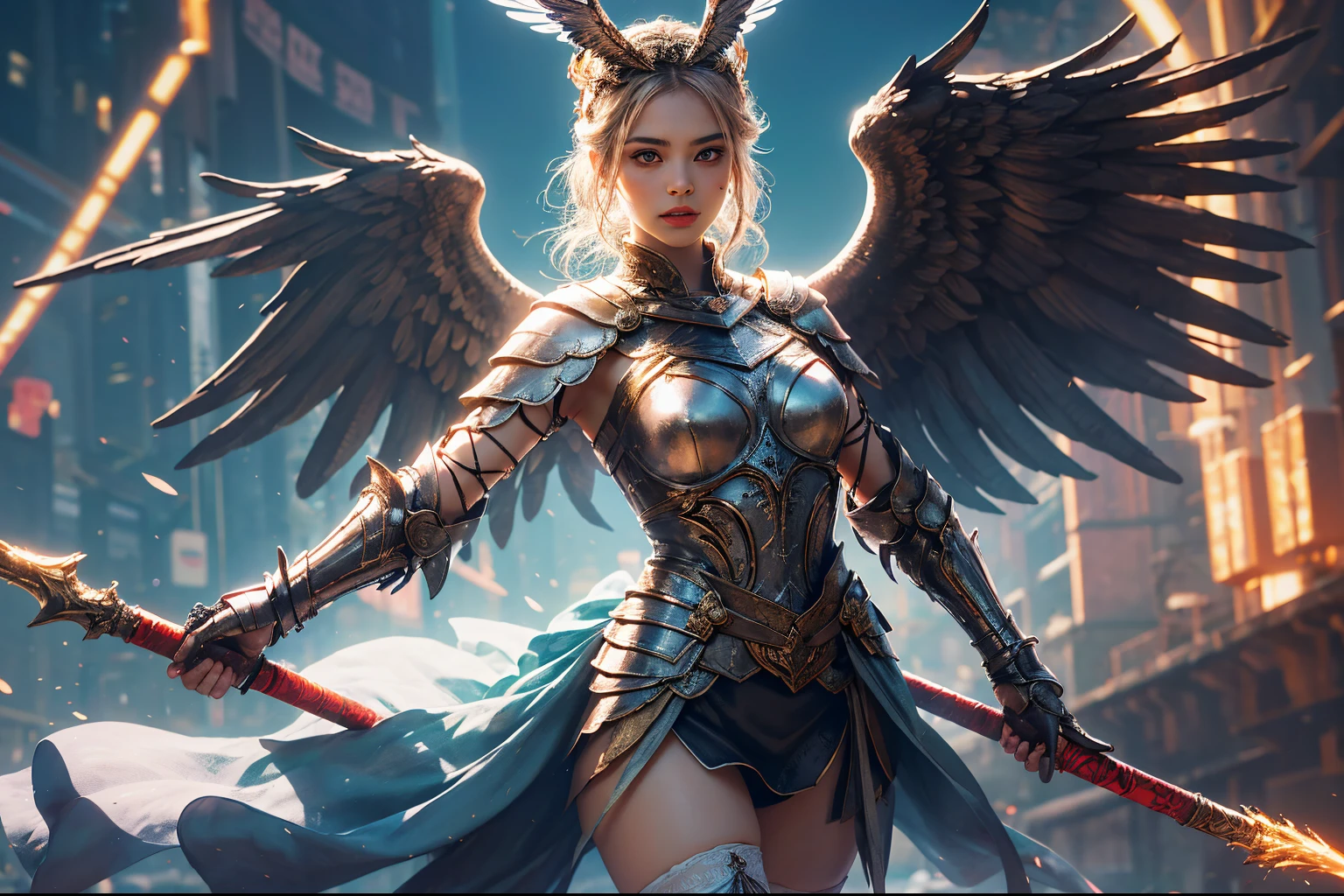 Colosseum background in Rome，cheer，Bunting，Teen girls，valkyrie，Archangel wings，angelic halo，Bust，Red eyes，Extremely beautiful eyes，Exquisite and perfect look，Detailed portrayal of the face，Detailed engraving of the facial expressions，Detailed portrayal of facial features，depth of ﬁeld，A masterpiece shot with full-length portraits creates a panorama，realskin，Tulle stockings，Perfect leg，perfect hand，Cocked buttocks，Behind him stood the Silver Armor Knight，Best Quority，Hi-Def，8K，high rise，Hyper-Resolution，full body close up