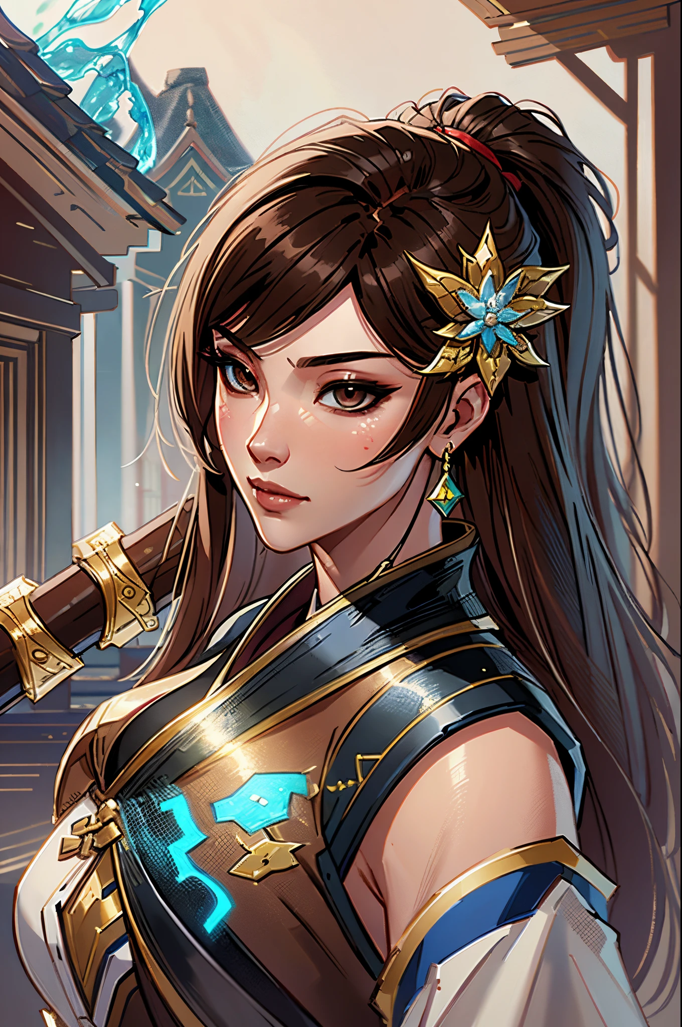 a close up of a short asian woman in her 30's, with brown eyes and brown hair, wearing a black and blue robed clothes, a heroine with brown eyes, holding a sword, mage with water magic, standing in an asian city, new costume concept design, in the style of blade and soul, full body character concept, detailed character design, inspired by Yang Jin, inspired by Li Mei-Shu, chinese costume, inspired by Lan Ying, inspired by Sim Sa-Jeong, inspired by Li Tang, lunar themed attire, costume with gold accents, inspired by Ju Lian, colored concept art, highly detailed character design, highly detailed face, inspired by Ai Xuan, very highly detailed face, unreal engine render, final fantasy 14 style, inspired by Leng Mei