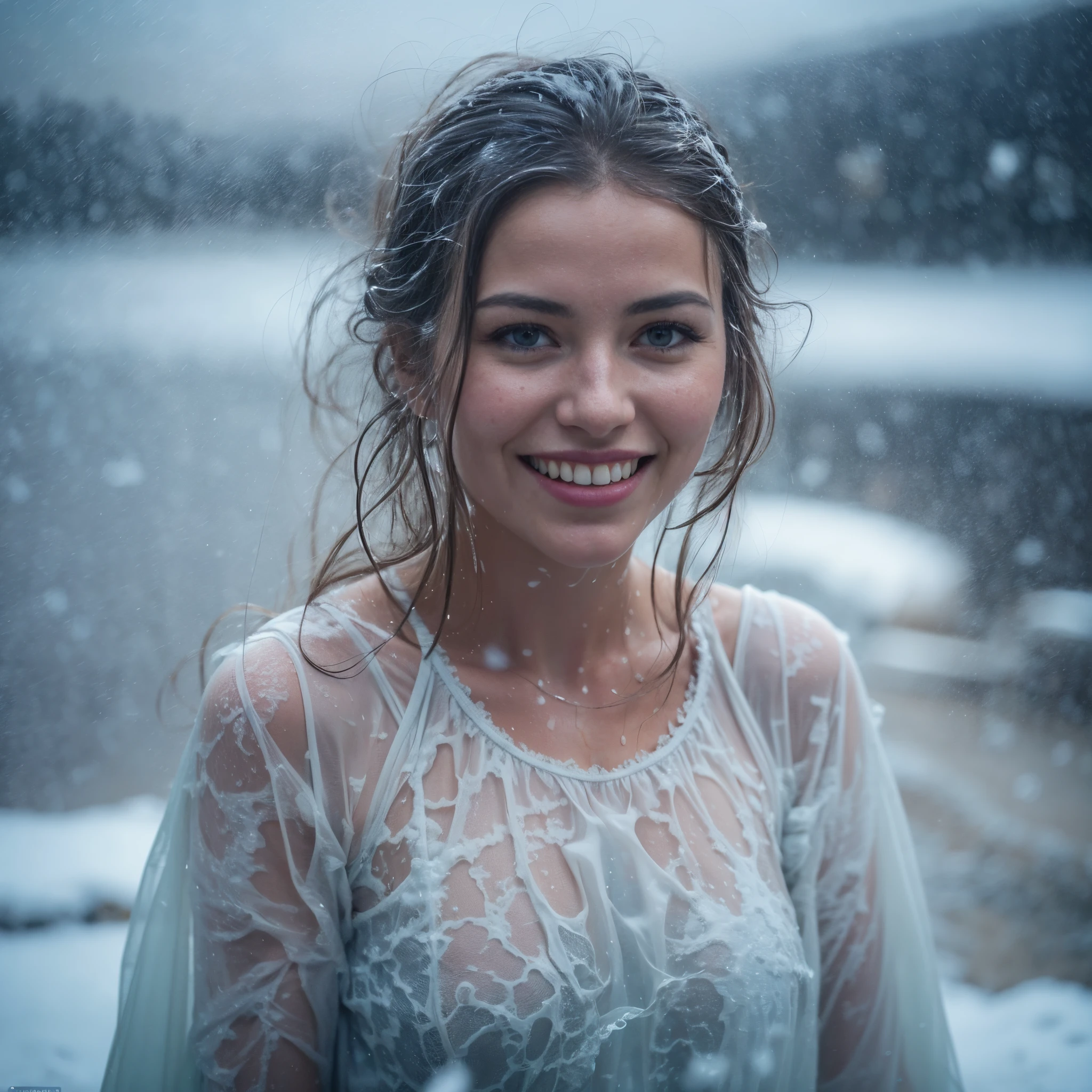(masterpiece, 8k, best quality:1.2), in the hot spring, outdoor, 1girl, 27 yo icelandic woman, smile, looking at viewer, lace teddy, chemise, wet clothes, soaked, wet hair, wet skin, translucent, glistening with oil, drenched, winter landscape, steamy water, see through, playful, snow, falling snow