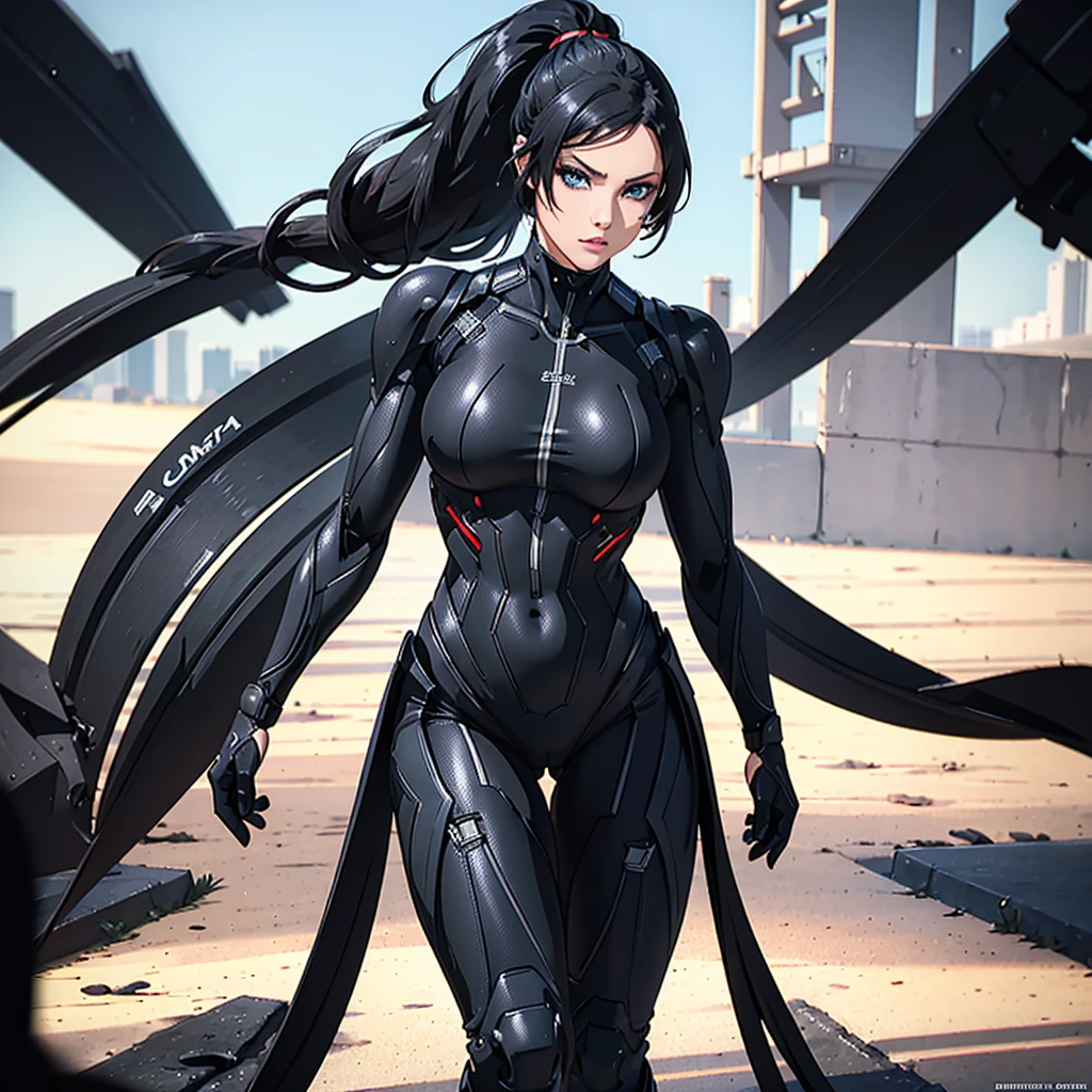 Peta Jensen, Short Ponytail black hairs, turquoise eyes, Makeup, Black crysis nanosuit, Wide Shot, High resolution, Ultra-pointu, 16k, Masterpiece, walking to the viewer,