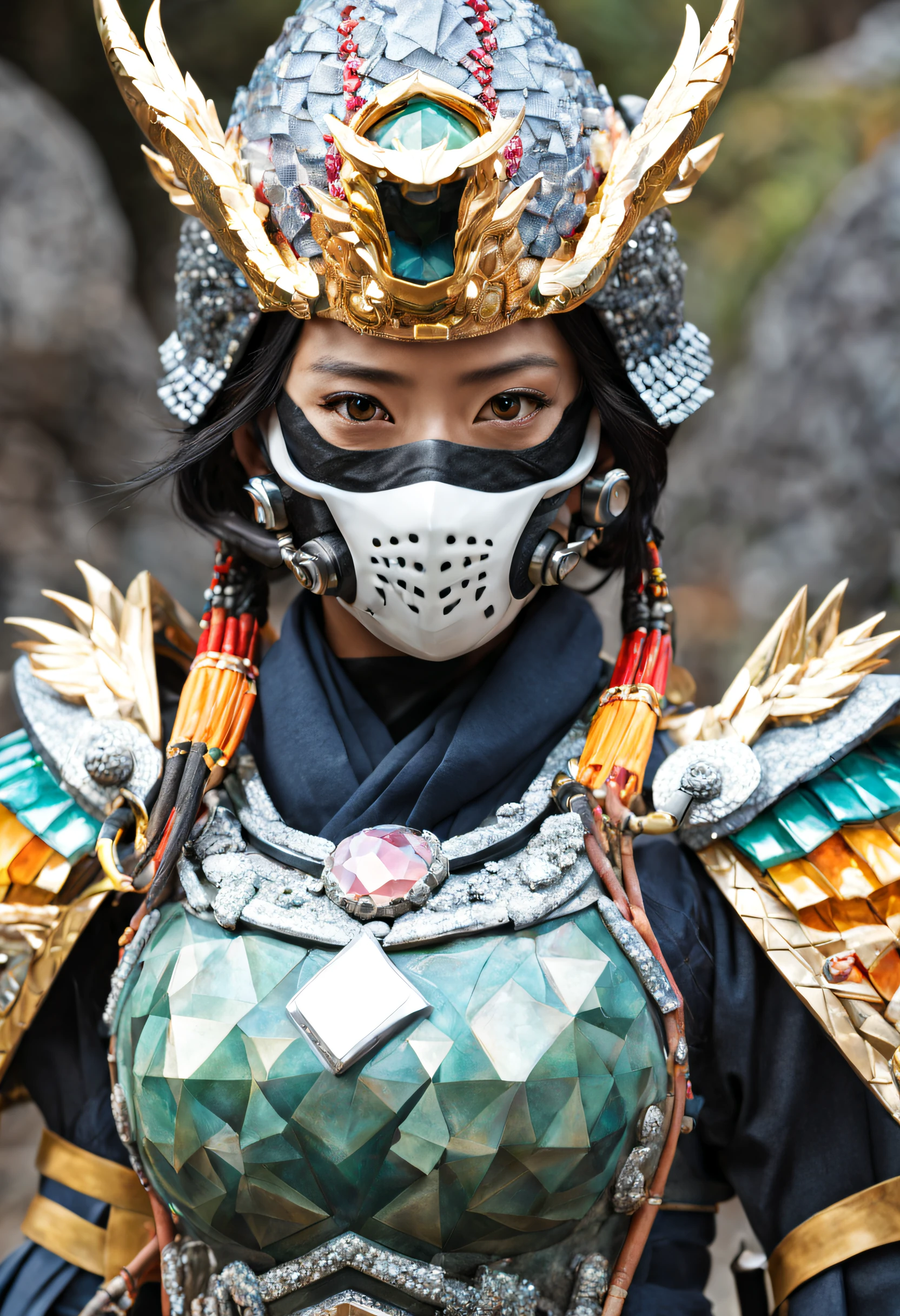 The realistic face of a Japanese biomeca women ronin with his mask and helmet made of multicolored diamond and presious rock, it's realistic and detailed.