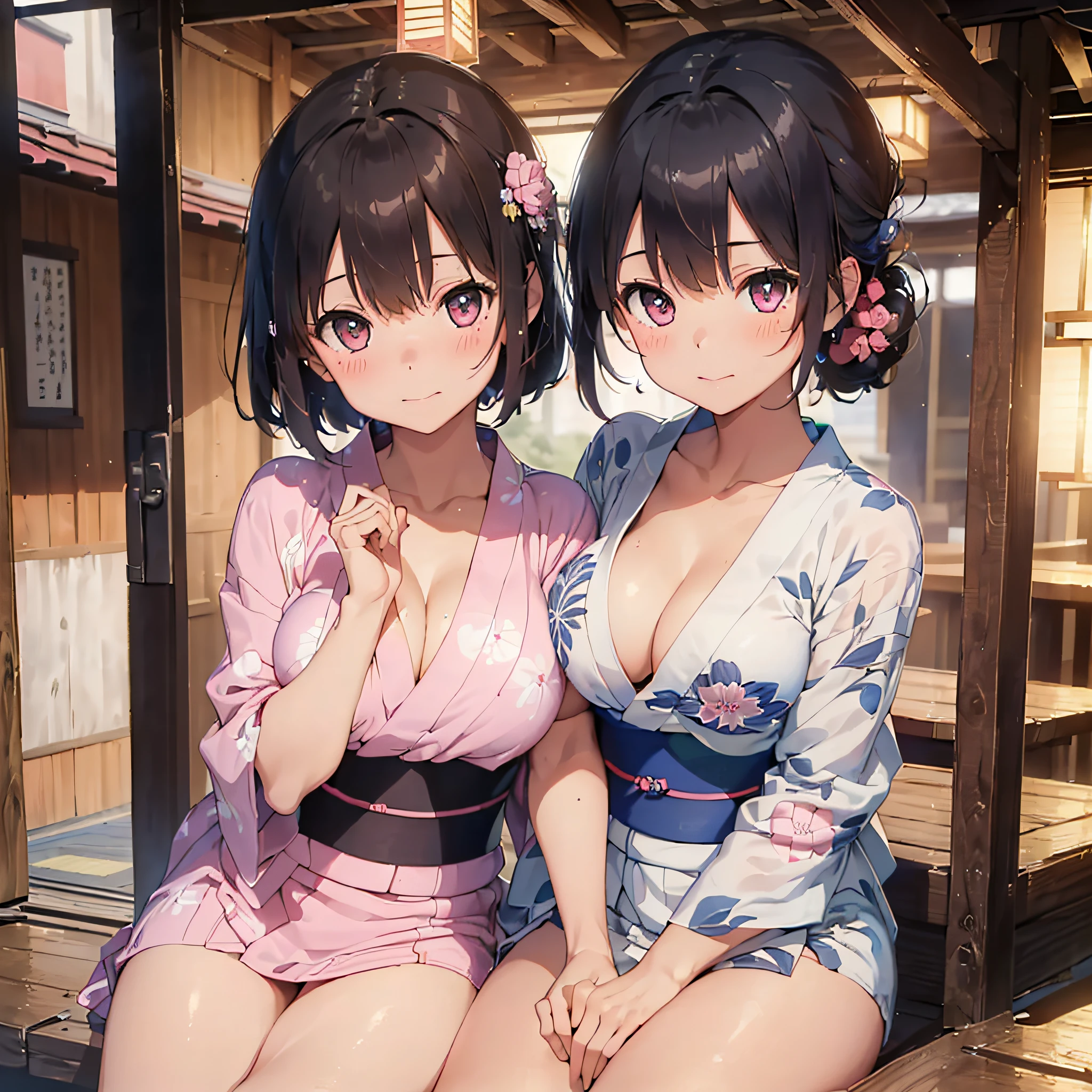 (​masterpiece:2.0), (top-quality:2.0), (sitting naked:1.5), (extremely mini skirt extremely small pink yukata:1.5), (super thin fabric:1.5), (sexypose:1.5), (blushed face:1.3), (barechested:1.3), (realistic:1.5), 1 , precise hands, Embarrassed look, light smile, Look at me and smile, extremely cute girl, innocent face, young face, Clear eyes, Shining eyes, small breast, (cleavage of the breast is visible:1.5), (the thighs is visible:1.5), The crotch is visible, No pubic hair, full body, The beautiful skin, ultra-definition, Top resolution, japan high school student, brown hair, at the night festival