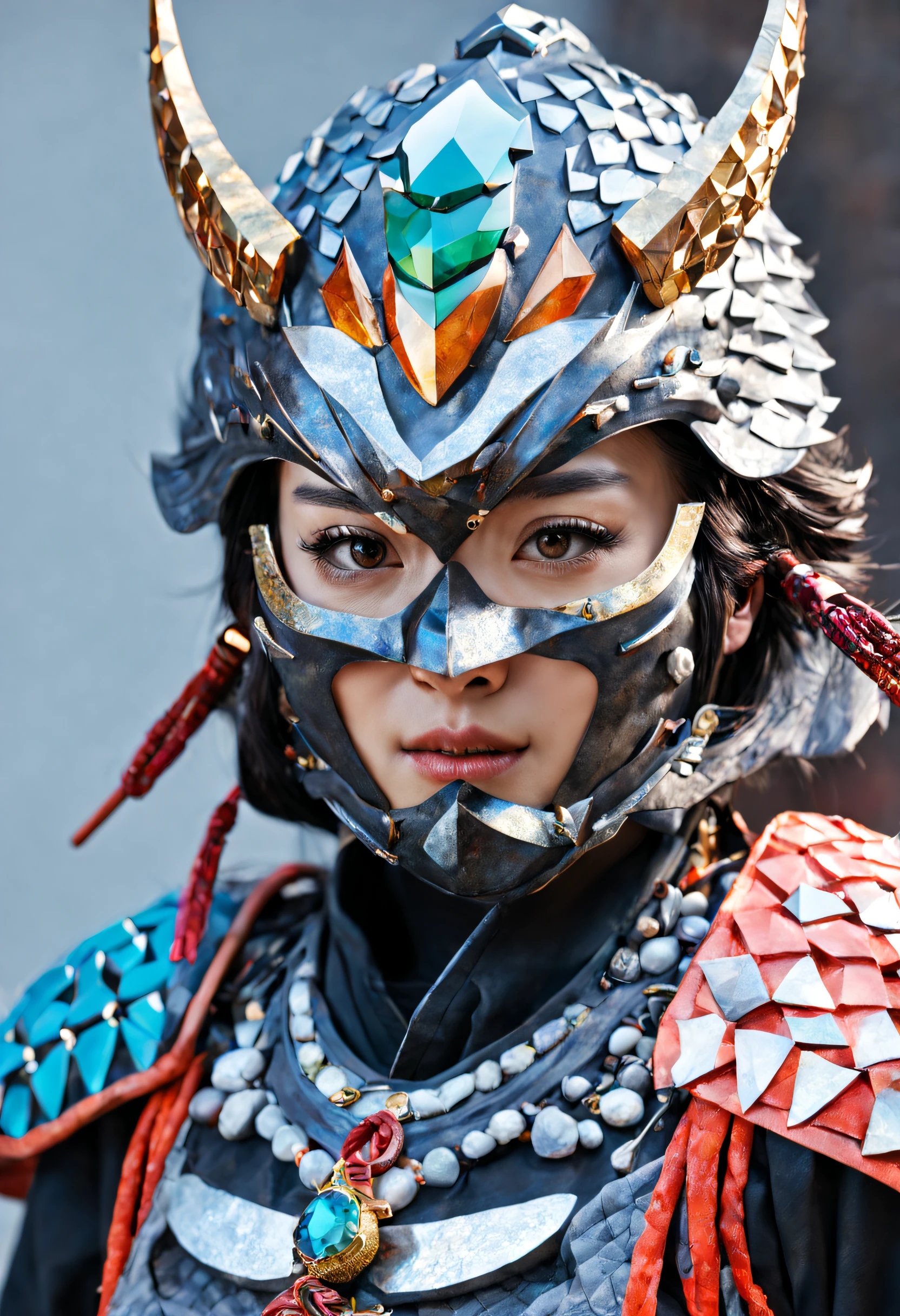 The realistic face of a Japanese biomeca women ronin with his mask and helmet made of multicolored diamond and presious rock, it's realistic and detailed.