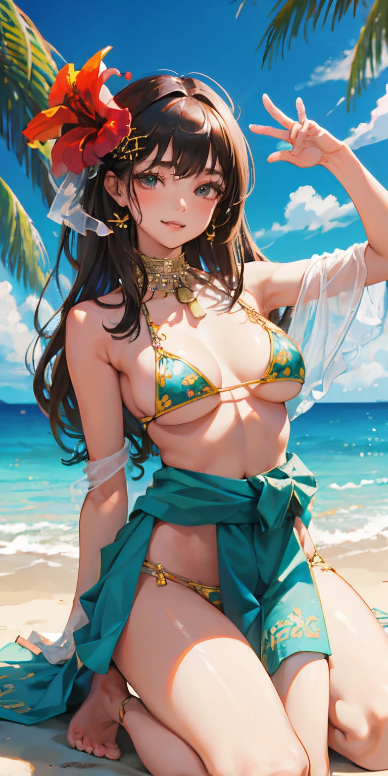 16 year old girl with a realistic smile、Sunset Sunset Beautiful Face Smile、Buttock emphasis、Kneeling、Super close-up shot looking back from underground to emphasize the buttocks、Slightly thicker emphasis on the thighs、She is wearing a micro bikini with a floral pattern on her chest................、Emphasis on cleavage、sexy brown skin tone、Tahitian dancer、dance tahitian dance、pareo(wear a skirt around the waist)、seashell necklace around neck、hibiscus ornament in hair、Sexy Posing、Tropical Beach