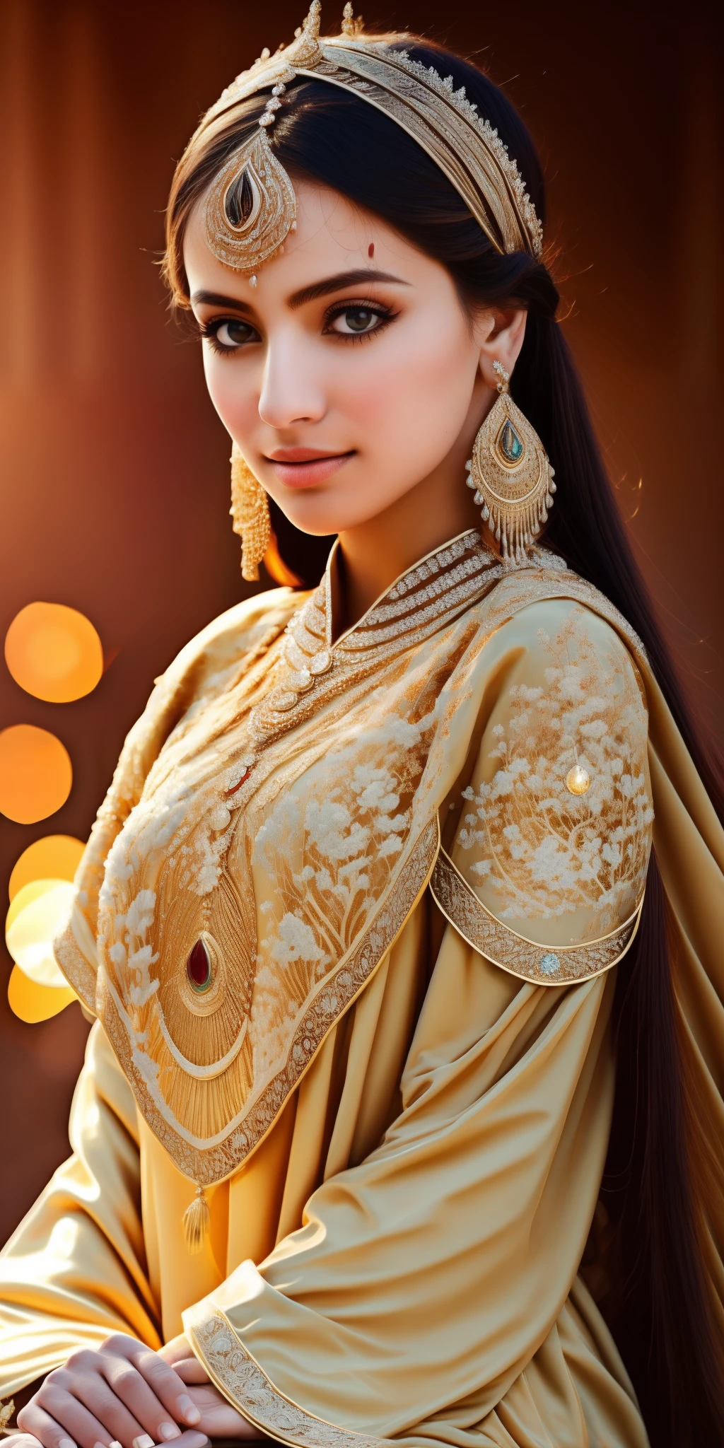 Girl, a reassuring expression, enchanting eyes, long straight hair, luxurious dress, with a Moroccan logo, a serene pose, fair skin, retaining a subtle hint on the cheeks, a crystal pendant BREAK in the golden hour, (Edge lighting): 1.2, warm tones, sun reflection, soft shadows, vibrant colors, artistic effect, dreamy atmosphere BREAK beautiful lake, distant mountains, willow, calm water, reflection, sunny clouds, peaceful ambiance, rich sunset, ultra-detailed, official art, 8K unity wallpaper, zentangle, mandala --auto --s2