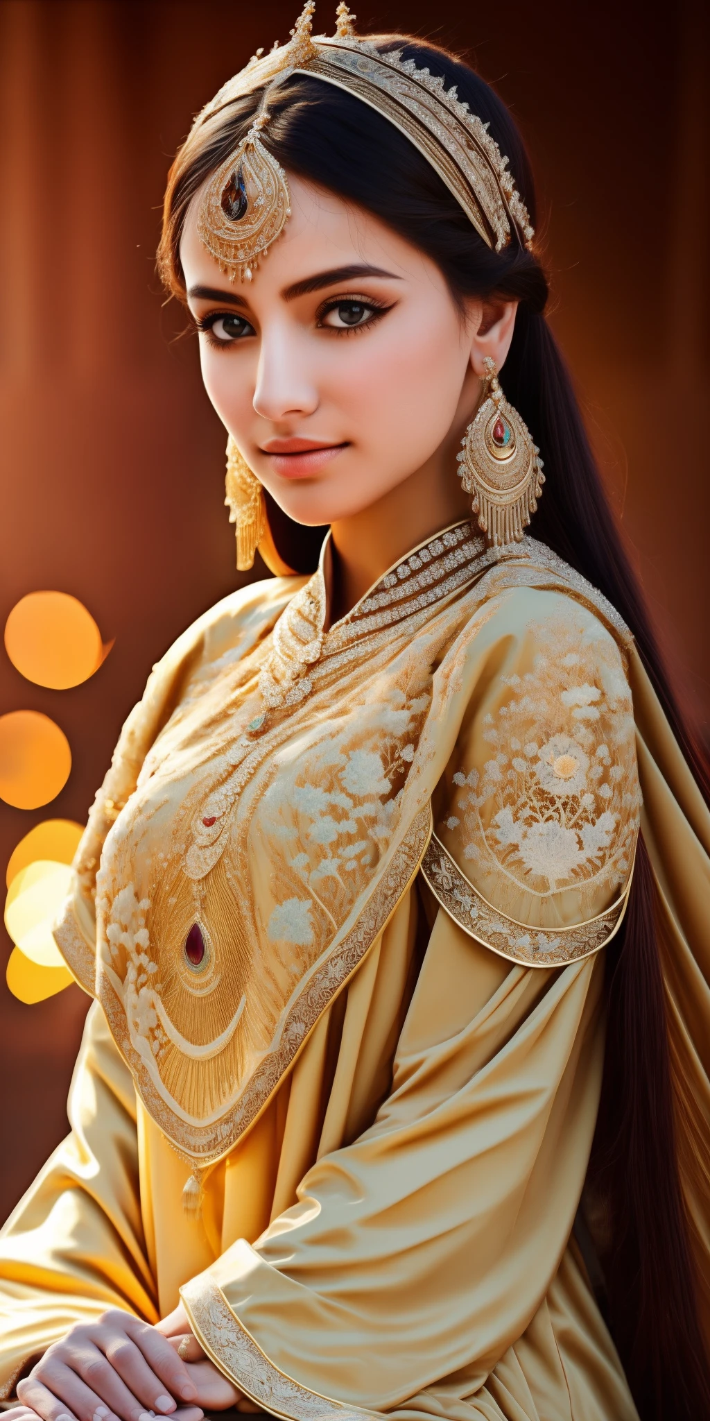 Girl, a reassuring expression, enchanting eyes, long straight hair, luxurious dress, with a Moroccan logo, a serene pose, fair skin, retaining a subtle hint on the cheeks, a crystal pendant BREAK in the golden hour, (Edge lighting): 1.2, warm tones, sun reflection, soft shadows, vibrant colors, artistic effect, dreamy atmosphere BREAK beautiful lake, distant mountains, willow, calm water, reflection, sunny clouds, peaceful ambiance, rich sunset, ultra-detailed, official art, 8K unity wallpaper, zentangle, mandala --auto --s2
