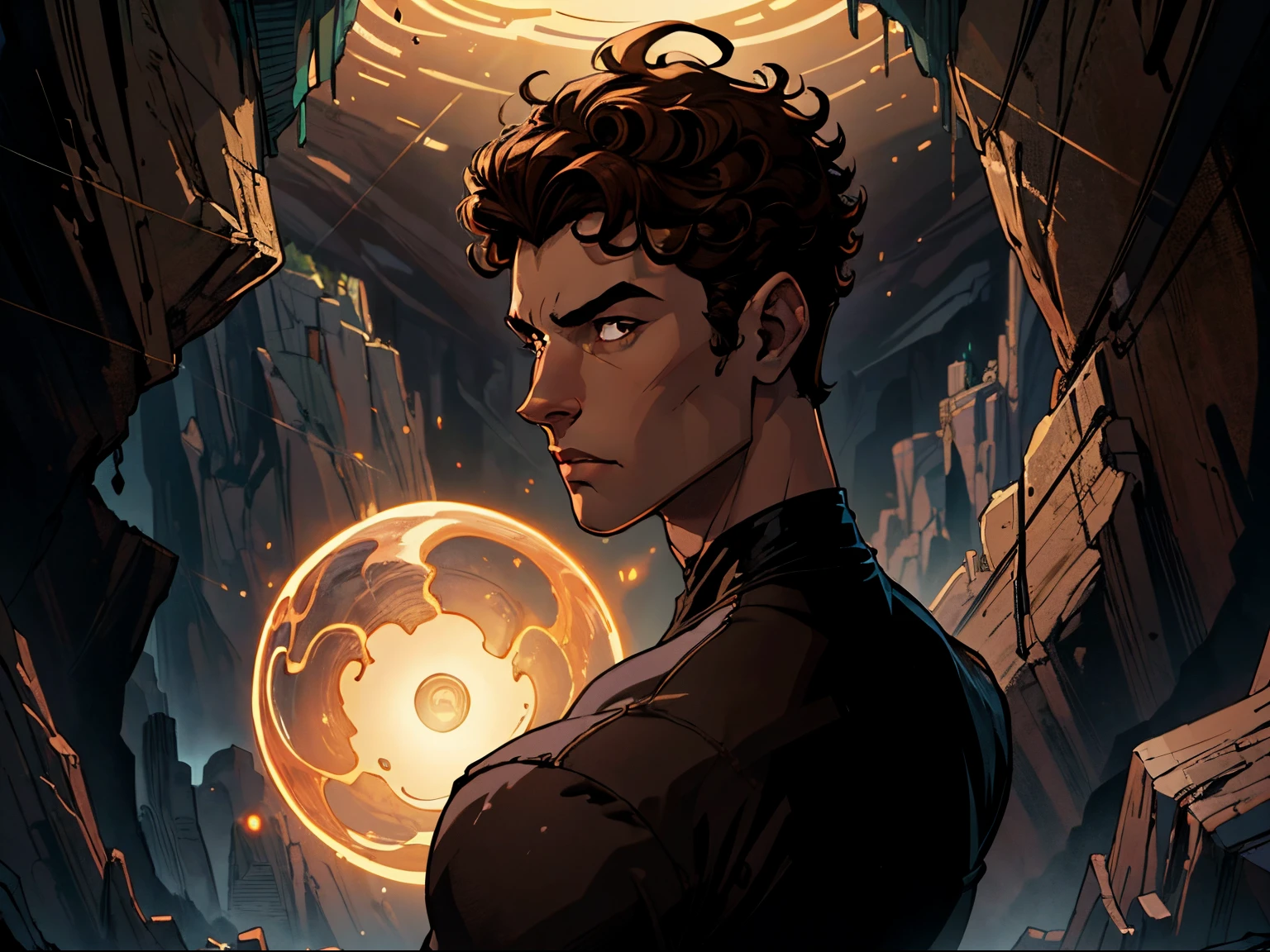 (((Masterpiece))), top quality, highres, 1boy, solo, with back to camera, floating glowing orb far away, inside the cave, dark lighting, young muscular man in a black shirt, curls on top of his head, short hair on top of his head, around 18 years old, brown hair, curly middle part haircut, dramatic dust