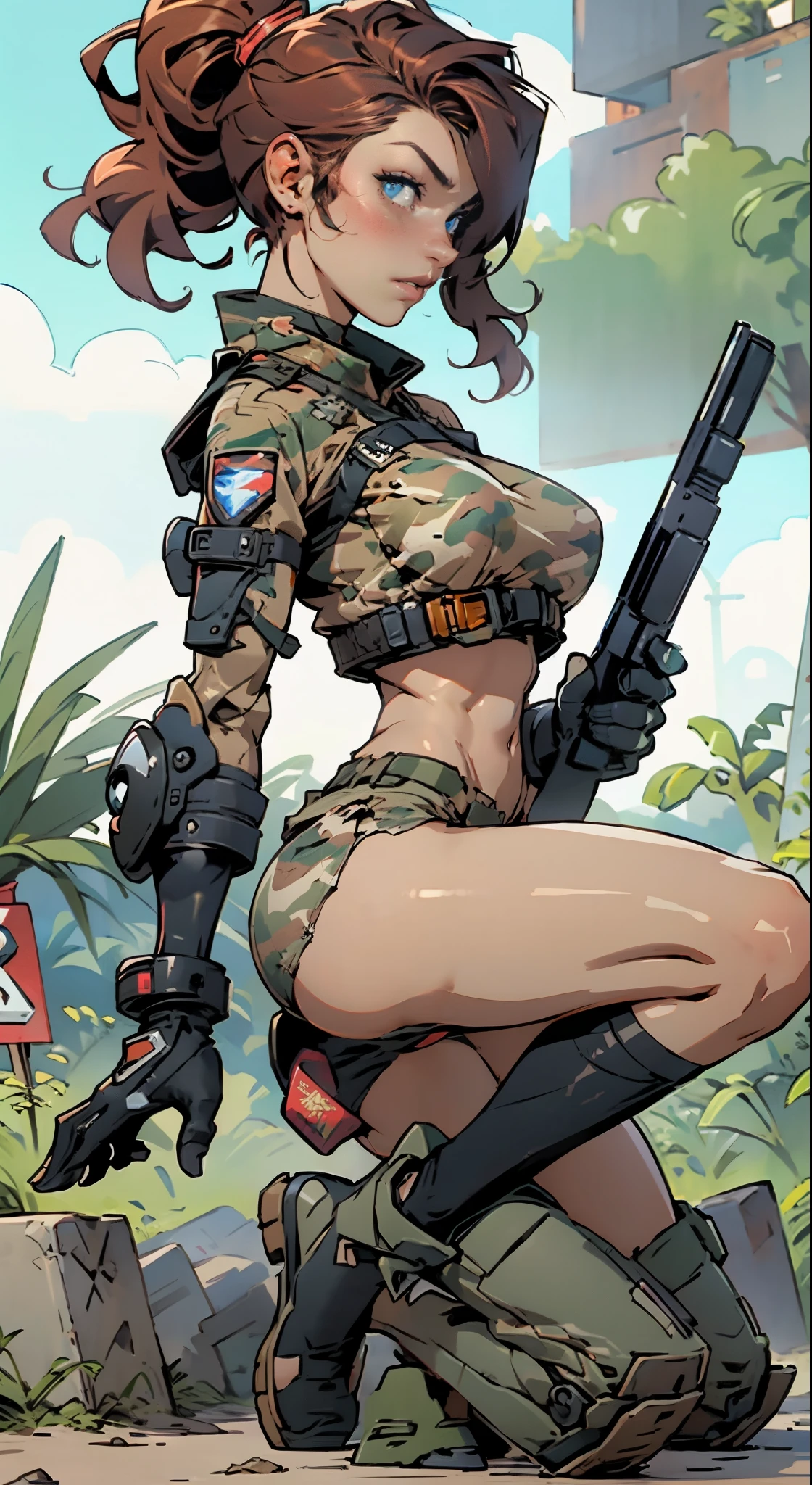 1woman 20 years old, max resolution, sculpted, military, wearing a soldier helmet, beautiful, perfect body, red hair, blue eyes, perfect body, thin waist, wide hips, large breasts, slim thighs, jungle background, armored vehicle, military robot dog, camouflaged uniform, tight panties, two-piece, highly detailed, high resolution, perfect hands, side view, camo, face fully turned to the side to look at the viewer, turn her head to look at the viewer, genuflection kneeling, one knee on ground, one knee up, aiming a gun, rifle