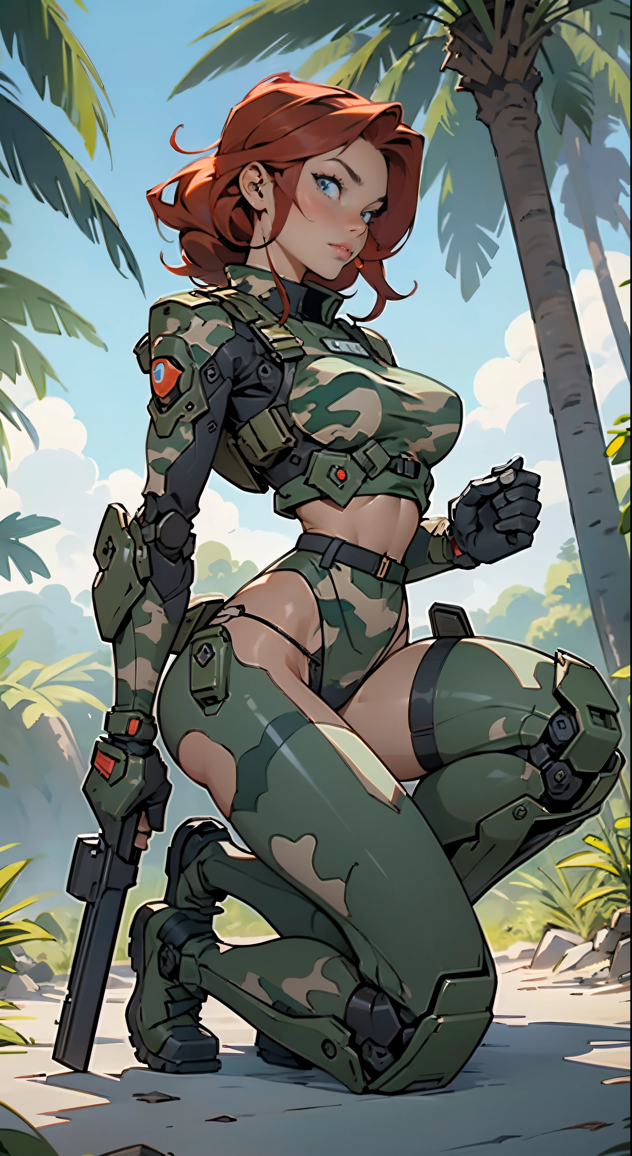 1woman 20 years old, max resolution, sculpted, military, wearing a soldier helmet, beautiful, perfect body, red hair, blue eyes, perfect body, thin waist, wide hips, large breasts, slim thighs, jungle background, armored vehicle, military robot dog, camouflaged uniform, tight panties, two-piece, highly detailed, high resolution, perfect hands, side view, camo, face fully turned to the side to look at the viewer, turn her head to look at the viewer, genuflection kneeling, one knee on ground, one knee up, aiming a gun, rifle