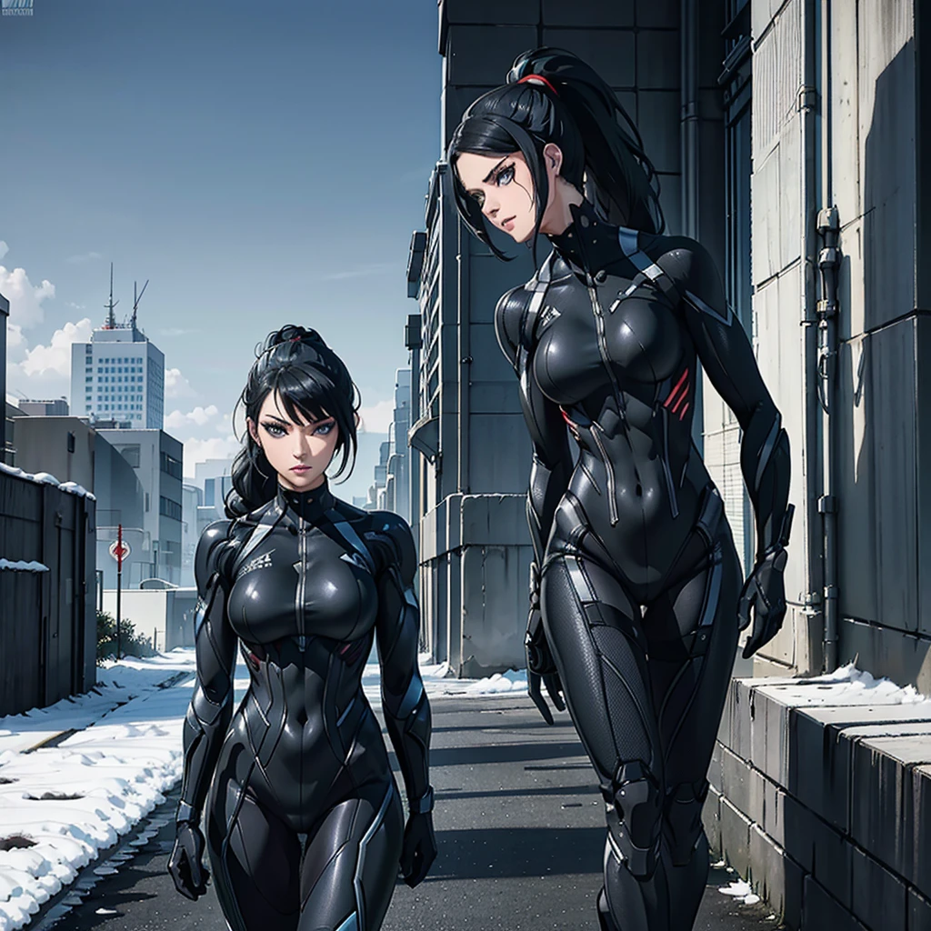 Peta Jensen, braided ponytail , black hairs, turquoise eyes, Makeup, wearing a Black crysis nanosuit, Wide Shot, High resolution, Ultra-pointu, 16k, Masterpiece, walking to the viewer,