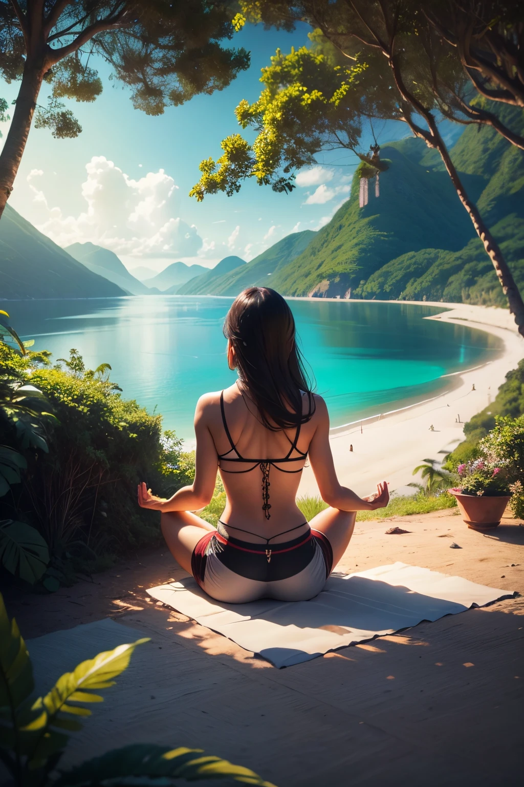 Taken from behind, a person meditating in a beautiful outdoor nature scene, Warm lighting, panoramic view, drone shot, tropical paradise, art by trey ratcliff, trending on instagram