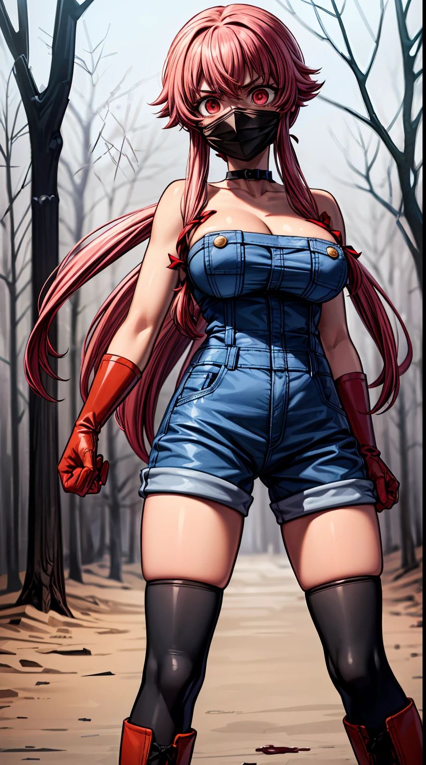 explicit, beautiful, amazing, high quality, detailed background, a woman with large breast in a woods, 1girl, breasts , , , pink hair, large breasts, twintails, long hair, solo focus, mirai nikki, black choker, dark grey overalls, leather gloves, black boots, ((face mask)), red eyes, chasing you through the woods, ((nigth)), crazy, ((crazy eyes)), ((crazy stare)) holding a bloody knife, (fanart of Gasai Yuno), (angry eyes:1.1), (perfect hands:1.4), (masterpiece), best quality, expressive eyes, VHS, ((nigth)), (Parfect Hand:1.3), 4k, 8k, 1980s, from below, (standing over you), wearing a jacket, (Blood:1.1)