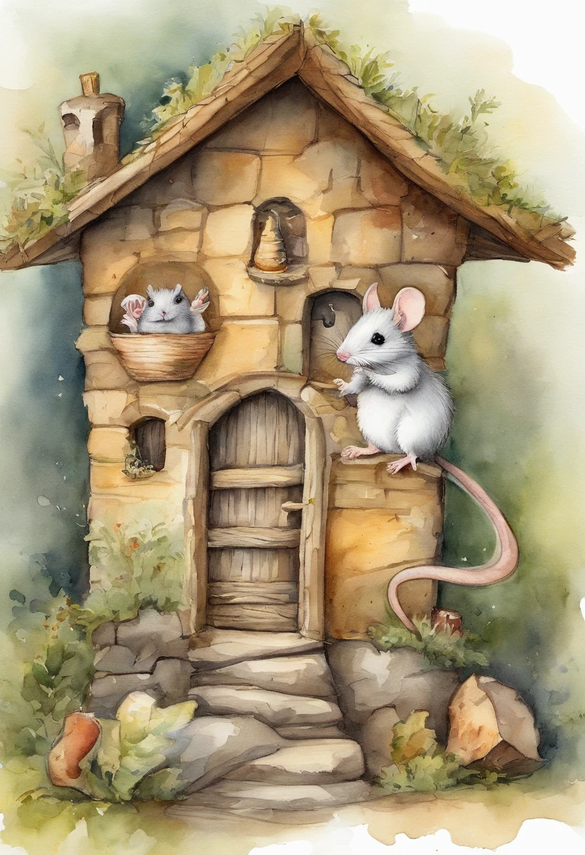 Small mouse，adolable，Shaggy，comic strip，White hair, cheese, Fairytale house, Detailed picture。