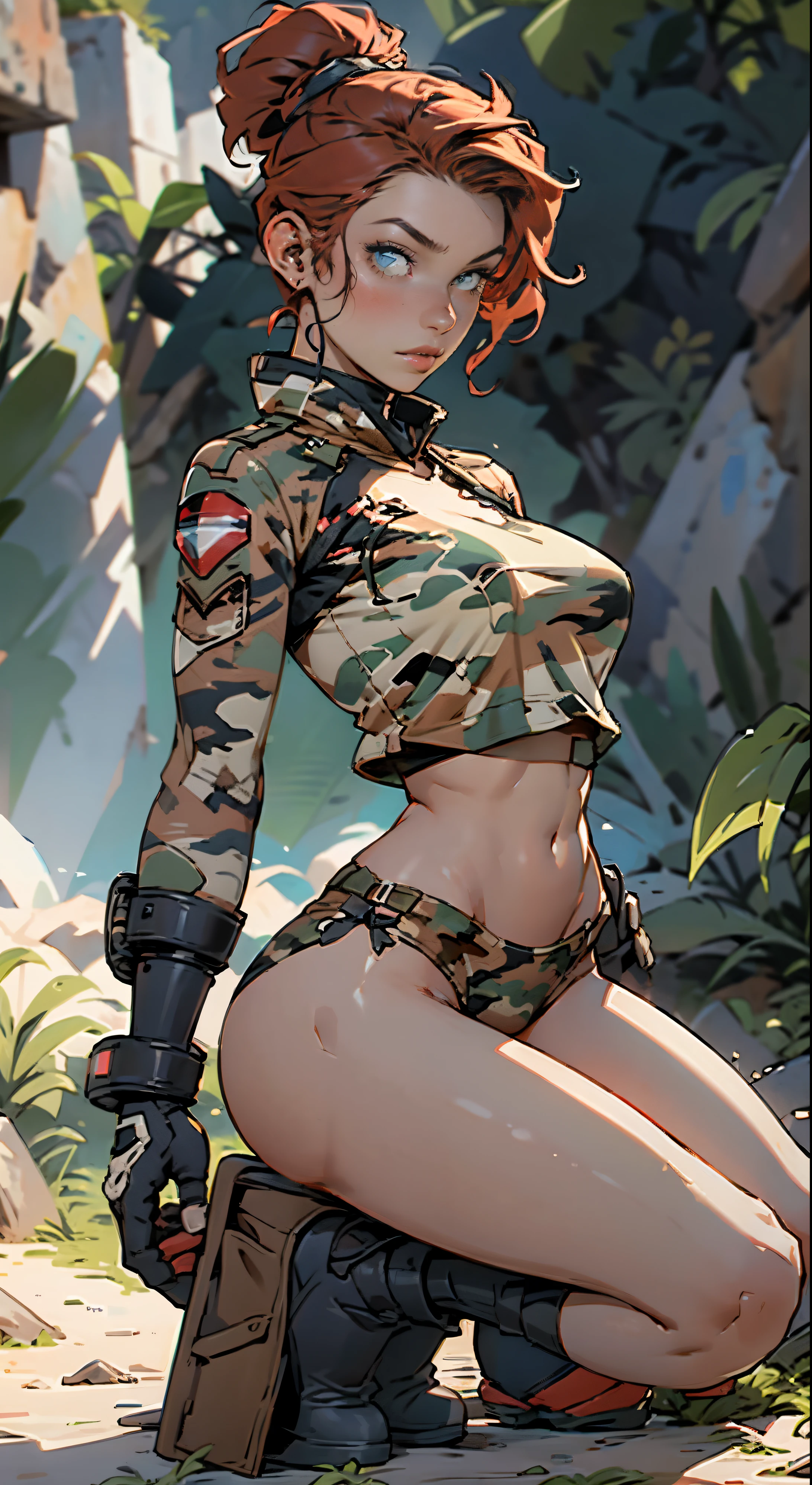 1woman 20 years old, max resolution, sculpted, military, wearing a soldier helmet, beautiful, perfect body, red hair, blue eyes, perfect body, thin waist, wide hips, large breasts, slim thighs, jungle background, armored vehicle, military robot dog, camouflaged uniform, tight panties, two-piece, highly detailed, high resolution, perfect hands, side view, camo, face fully turned to the side to look at the viewer, turn her head to look at the viewer, genuflection kneeling, one knee on ground, one knee up, aiming a gun, rifle