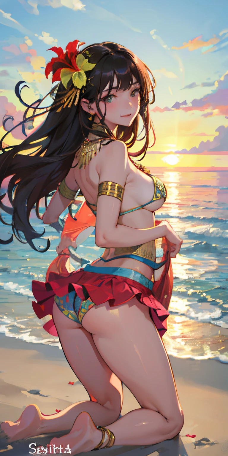 16 year old girl with a realistic smile、wink sunset sunset beautiful face smile、Buttock emphasis、Kneeling、A super close-up shot looking back from underground that emphasizes the buttocks、Slightly thicker emphasis on the thighs、She is wearing a micro bikini with a floral pattern on her chest..................、Emphasis on cleavage、sexy brown skin tone、Tahitian dancer、dance tahitian dance、pareo(wear a skirt around the waist)、seashell necklace around neck、hibiscus ornament in hair、Sexy Posing、Tropical Beach