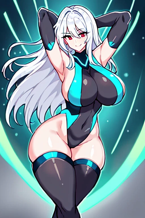 1girl, white hair, large breasts, breasts, thick thighs, wide hips, red eyes, bodysuit, black bodysuit, pantyhose, long hair, light smile, happy, science-fiction, tech, futuristic, black pantyhose, thighhighs, neon, machinery, hair ornament, ornament, neon trim, anime style, 2d, anime screencap, shoulder armor, blue neon trim, hip sway, swaying hips, bouncing breasts, arms behind back, hands behind head, arms behind head, arms up, me!me!me dance /(meme/), dancing, dance
