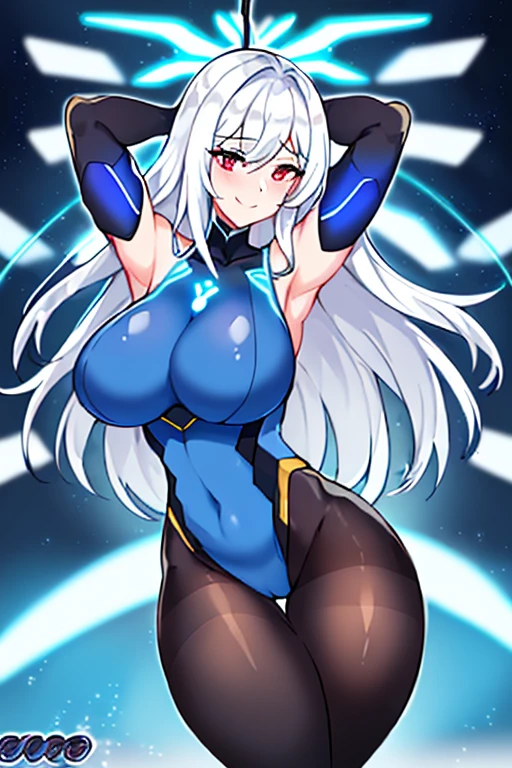 1girl, white hair, large breasts, breasts, thick thighs, wide hips, red eyes, bodysuit, black bodysuit, pantyhose, long hair, light smile, happy, science-fiction, tech, futuristic, black pantyhose, thighhighs, neon, machinery, hair ornament, ornament, neon trim, anime style, 2d, anime screencap, shoulder armor, blue neon trim, hip sway, swaying hips, bouncing breasts, arms behind back, hands behind head, arms behind head, arms up, me!me!me dance /(meme/), dancing, dance