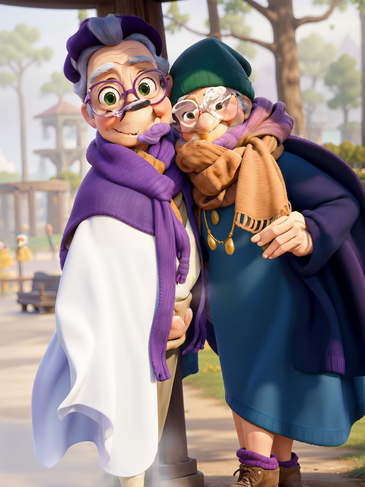 masterpiece, best quality, an old woman with glasses and a scarf on, wearing a purple coat and green scarf, standing at the park