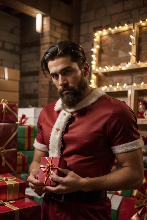 Santa Claus, short modern cut of dark hair,handsome teenager fit body,spanish slim fit guy, dressed like modern santa claus,in a magical gift factory,gifts wrapped with red paper,best quality,ultra-detailed,realistic:1.37,portraits,vivid colors,warm tone,soft lighting