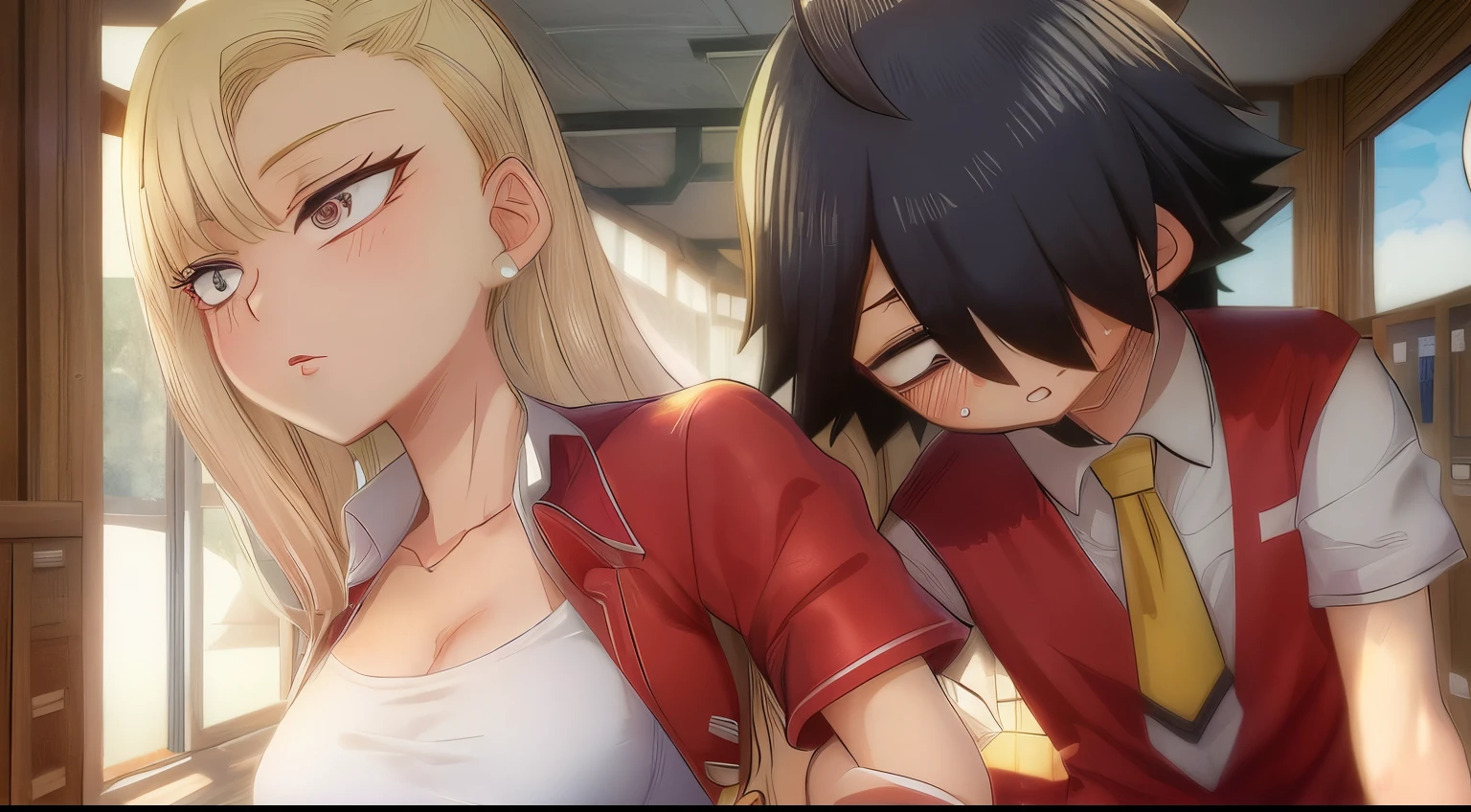 (man and woman kissing:1.6),, (masterpiece, Best Quality, high resolution, nffsw, Perfect Pixel, depth of fields, 4K), , Perfect body, , (boy and girl:1.6), (2 human in picture:1.6) boy on top, Eft_Bocchi_Yellow, ijichi nijika, blonde hair, side ponytail,, long hair, ahoge, shirt, red eyes, :d, bangs, bag, sidelocks, anime coloring, jacket, , blue jacket, sailor collar, polka dot, open clothes, white shirt, open jacket, ,, , nsfw,(ecstasy:1.3) ,(slut:1.2),(vulgarity:1.3),(fucked silly:1.1),(steam:1.1),(wet:0.8),(trembling:0.8),(tears:0.7) ,(drooling:0.6),(sweat:0.8), wince,(orgasm:1.5), , (nipples:1.4), (boy fondle girl's breasts:1.6) , ,,(hardcore,sex:1.4),