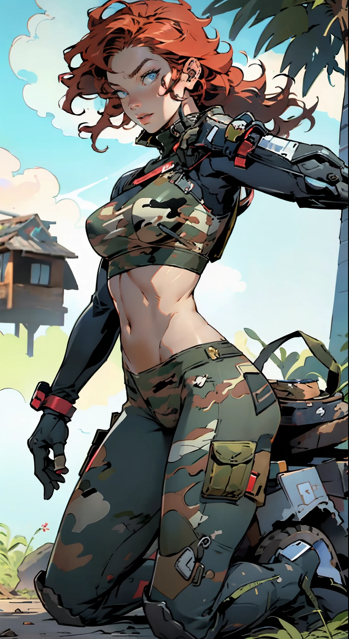 1woman 20 years old, max resolution, sculpted, military, wearing a soldier helmet, beautiful, perfect body, red hair, blue eyes, perfect body, thin waist, wide hips, large breasts, slim thighs, jungle background, armored vehicle, military robot dog, camouflaged uniform, tight panties, two-piece, highly detailed, high resolution, perfect hands, side view, camo, face fully turned to the side to look at the viewer, turn her head to look at the viewer, genuflection kneeling, one knee on ground, one knee up, aiming a gun, rifle