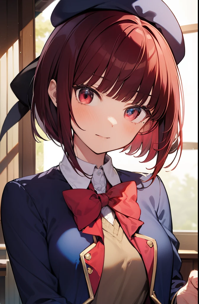 kanaarima, kana arima, bob cut, (red eyes:1.5), red hair, short hair,
BREAK beret, blue headwear, blue jacket, blue vest, hat, jacket, pantyhose, ribbon, school uniform, skirt, vest, youtou high school uniform,
BREAK looking at viewer,
BREAK indoors, classroom,
BREAK (masterpiece:1.2), best quality, high resolution, unity 8k wallpaper, (illustration:0.8), (beautiful detailed eyes:1.6), extremely detailed face, perfect lighting, extremely detailed CG, (perfect hands, perfect anatomy),