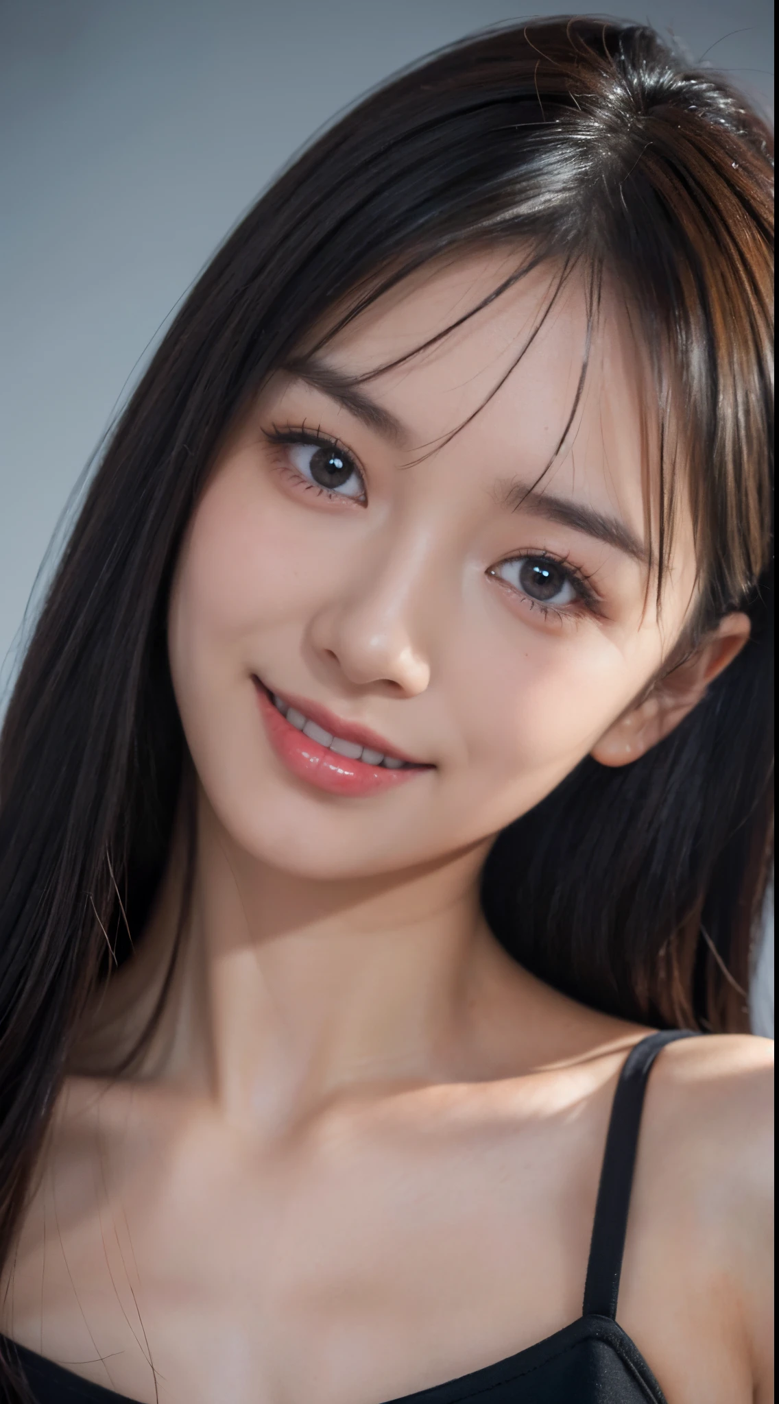 (8K, Raw foto, Top Quality, Masterpiece: 1.4), (realisitic, Photorealistic: 1.4), 1 Girl, Japan, girls, natta, natural lighting, photons mapping, indoor, Double eyelid, high resolucion, natural high-definition skin, long eyeslashes, natural high definition eyes, high definition teeth, 25 Years Old, Professional Lighting, intriciate detail, Middle breasts, blured background, Revealed divisions, Black clothe, Smile,