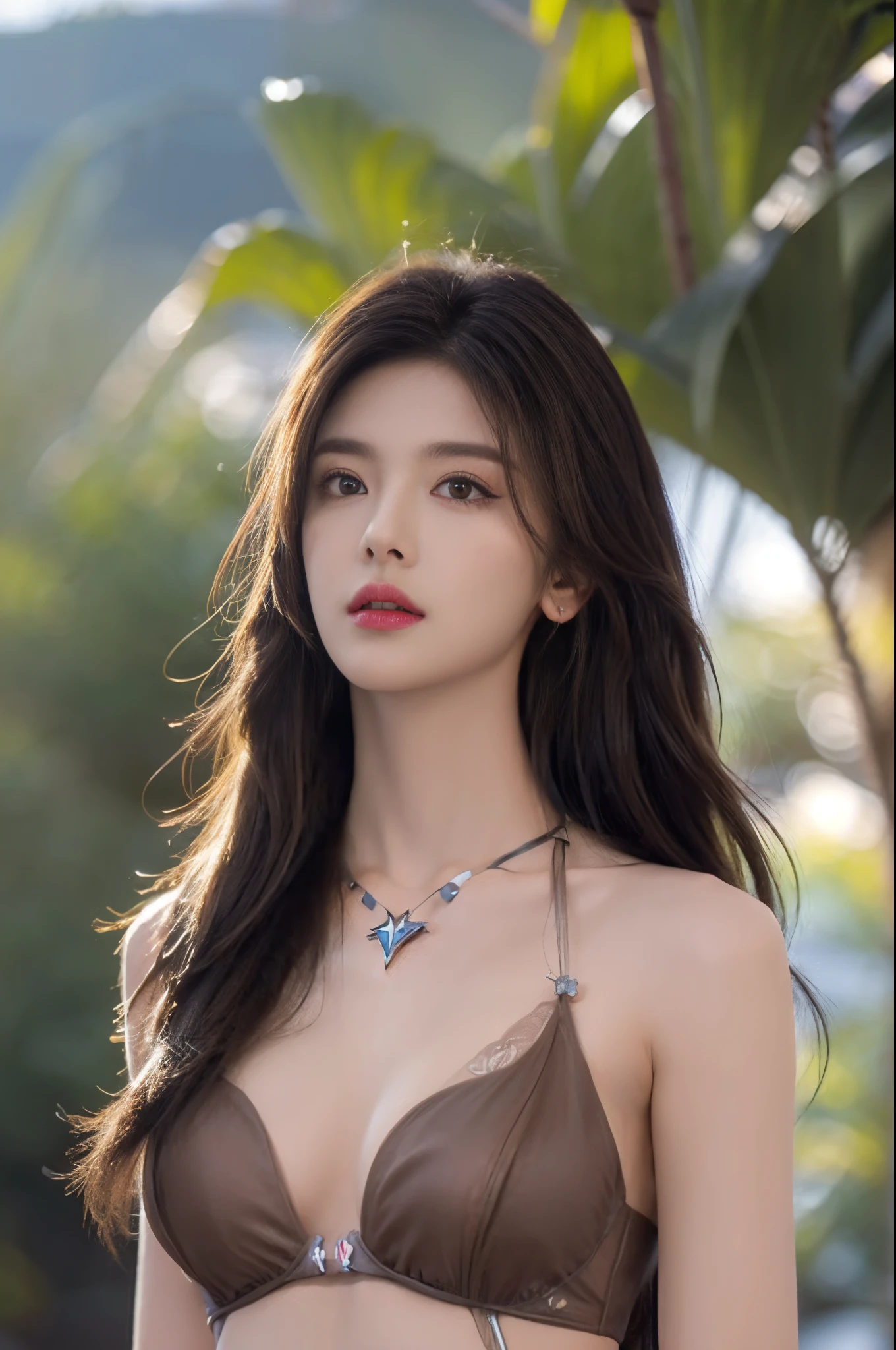 ((Realistic lighting, best quality, 8K, Master masterpiece :1.3)), clear focus :1.2, Hot girls, perfect body beauty :1.4, slim abs :1.1, whole body, ((dark brown hair, big chest :1.3)), (acceleration :1.4), (Appearance, night :1.1), Waikiki Beach, fireworks, palm trees, thin face, thin eyes, double eyelids, fashion model pose, floating hair, T-shirt, locket,