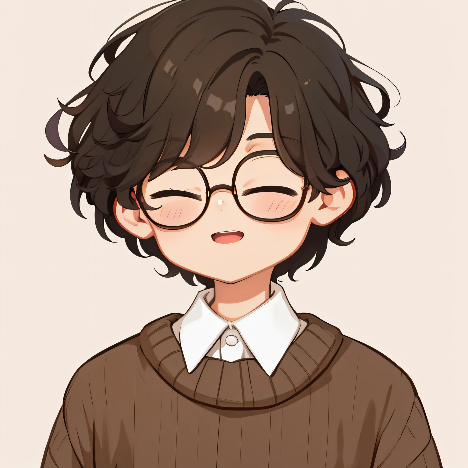 anime boy with glasses and a sweater, Retrato realista kawaii, en un estilo anime, Anime Moe Artstyle, Retrato estilo anime, con el pelo corto, Hagrid en lindo estilo anime, con gafas, en estilo anime, Lindo estilo de arte, Retrato de Lofi, Gafas redondas potter, Linda sonrisa ligeramente nerd, Retrato de Harry Potter, Lindo retrato, Retrato de alta calidad, Personaje de estilo anime, Open mouth, defined mouth, closed eyes