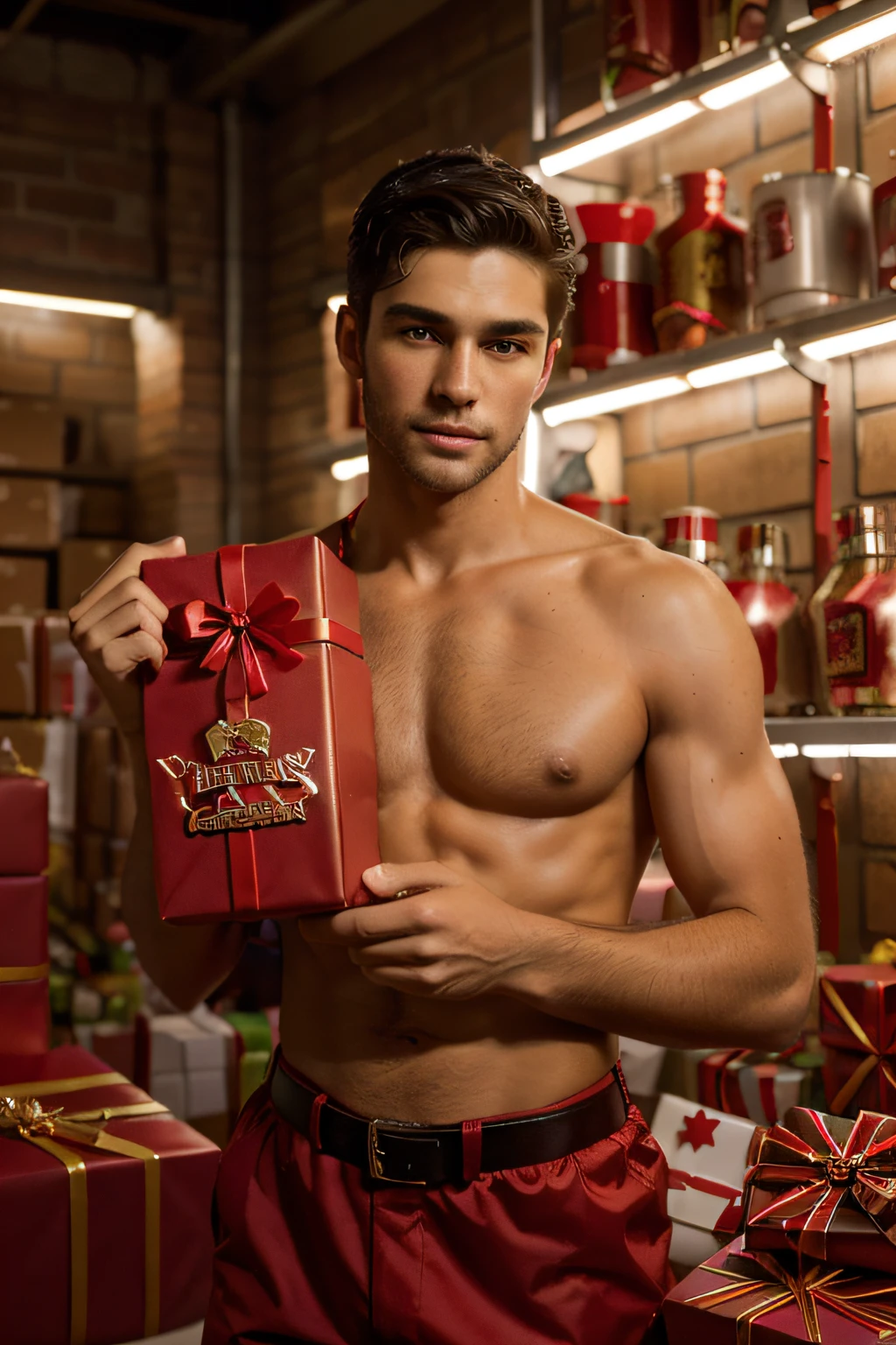 Santa Claus, short modern cut of dark hair,handsome ager fit body,spanish slim fit guy, dressed like modern santa claus,in a magical gift factory,gifts wrapped with red paper,best quality,ultra-detailed,realistic:1.37,portraits,vivid colors,warm tone,soft lighting