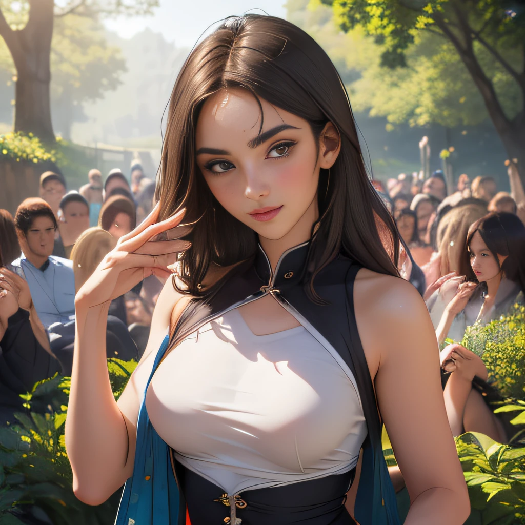 sfw, (Extremely detailed 8k wallpaper:2), (photo:2), (soigne Beautiful girl:2), (gives a lecture to friends:2), detailed (Face and eyes), (hyper realistic:1), (highly detailed:1), (epic realistic:1), rim light, (maximum details:1), cozy, (fullbody:1.3), (looking at viewer:2), (Woman's Attractive Qualities:2), (Attractive Woman:2), (Attractive:2), Smile, Intelligence, Empathy, Gracefulness, Sense of Style, Fitness, Grooming, Optimism, (Sensitivity:2), Sincerity, Romantic Gestures, Playfulness, Fashion Sense, (Sensuality:2), Charm, Modesty, Thoughtfulness, (Femininity:1), Flirtatiousness, Warmth, (Physical attractiveness:2), A beautiful smile, A love of life, strength and power, vulnerability, curiosity, wonder, love, (nature background:2), kawaii, waifu, Beautiful breasts, (attractive body:2), (Beautiful body:2), Beautiful pose, attractive pose, (Beautiful legs:1.0), (spread legs:1.0), (Beautiful clothes:1), (classic clothes:2), (elegant clothes:2), (European clothes:2), detailed clothes, (skirt:1), (blouse:1), (provocative pose)