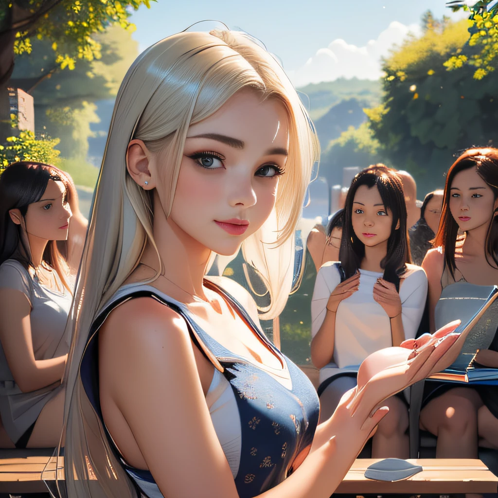 sfw, (Extremely detailed 8k wallpaper:2), (photo:2), (soigne Beautiful girl:2), (gives a lecture to friends:2), detailed (Face and eyes), (hyper realistic:1), (highly detailed:1), (epic realistic:1), rim light, (maximum details:1), cozy, (fullbody:1.3), (looking at viewer:2), (Woman's Attractive Qualities:2), (Attractive Woman:2), (Attractive:2), Smile, Intelligence, Empathy, Gracefulness, Sense of Style, Fitness, Grooming, Optimism, (Sensitivity:2), Sincerity, Romantic Gestures, Playfulness, Fashion Sense, (Sensuality:2), Charm, Modesty, Thoughtfulness, (Femininity:1), Flirtatiousness, Warmth, (Physical attractiveness:2), A beautiful smile, A love of life, strength and power, vulnerability, curiosity, wonder, love, (nature background:2), kawaii, waifu, Beautiful breasts, (attractive body:2), (Beautiful body:2), Beautiful pose, attractive pose, (Beautiful legs:1.0), (spread legs:1.0), (Beautiful clothes:1), (classic clothes:2), (elegant clothes:2), (European clothes:2), detailed clothes, (skirt:1), (blouse:1), (provocative pose)