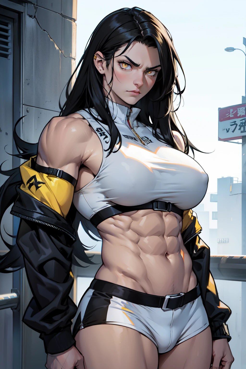 1girl black hair yellow eyes very long hair pale skin angry bodybuilder huge breasts muscular toned body long abs