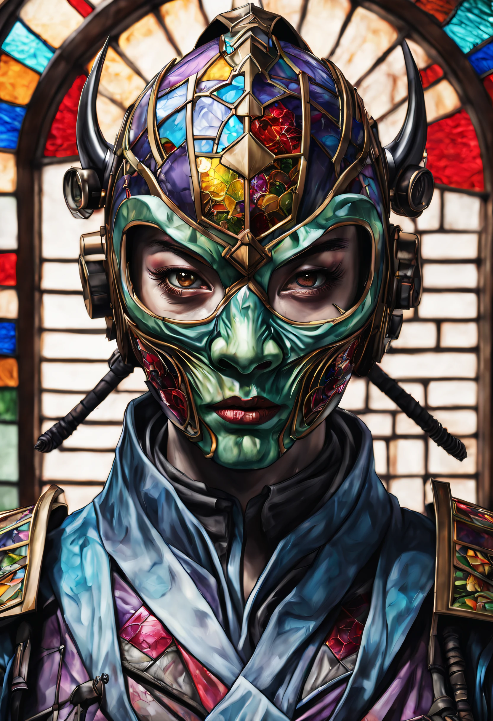 The realistic face of a zombie Japanese women ronin with his mask and helmet made of multicolored Stained glass, it's realistic and detailed.