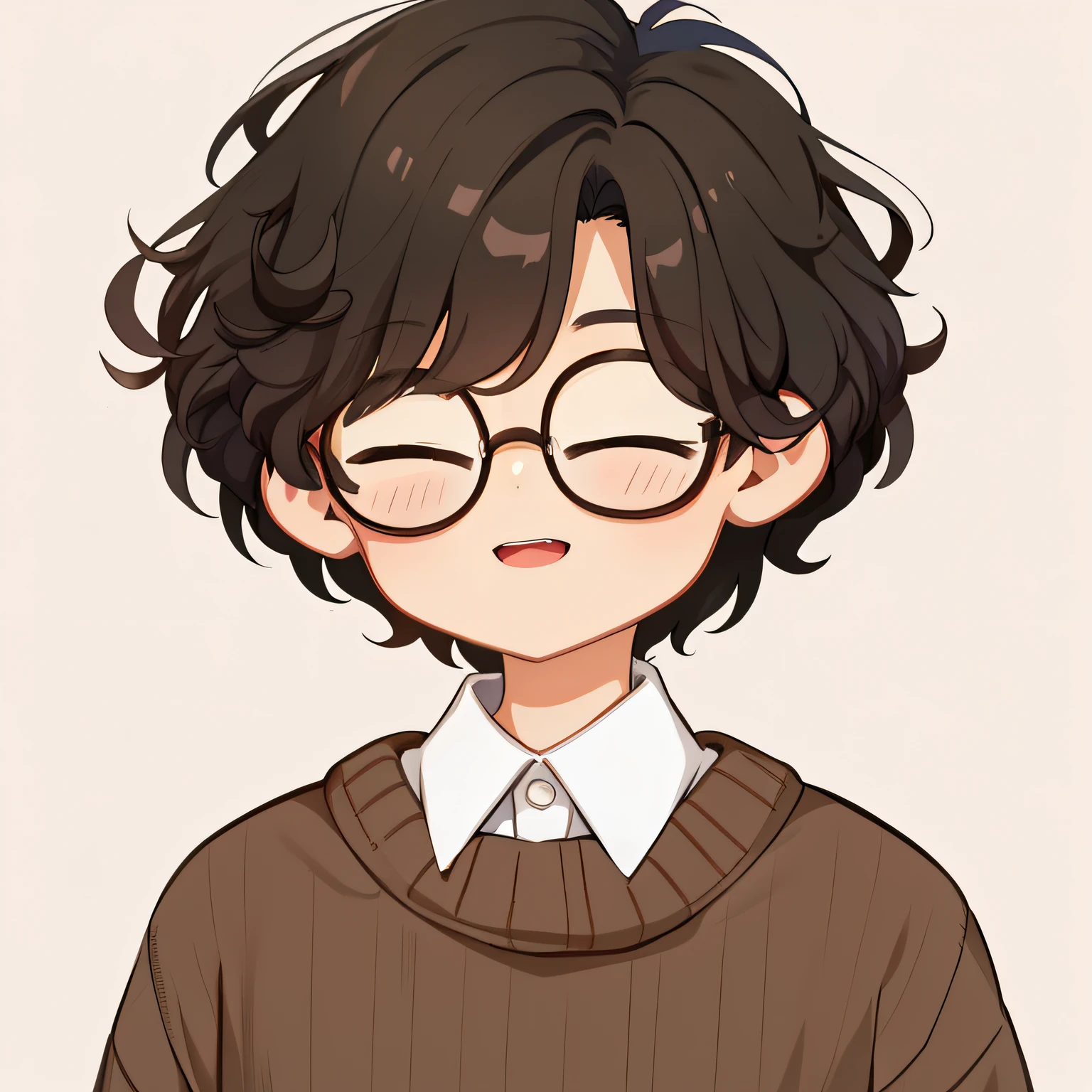 anime boy with glasses and a sweater, Retrato realista kawaii, en un estilo anime, Anime Moe Artstyle, Retrato estilo anime, con el pelo corto, Hagrid en lindo estilo anime, con gafas, en estilo anime, Lindo estilo de arte, Retrato de Lofi, Gafas redondas potter, Linda sonrisa ligeramente nerd, Retrato de Harry Potter, Lindo retrato, Retrato de alta calidad, Personaje de estilo anime, Open mouth, defined mouth, closed eyes, defined eyes