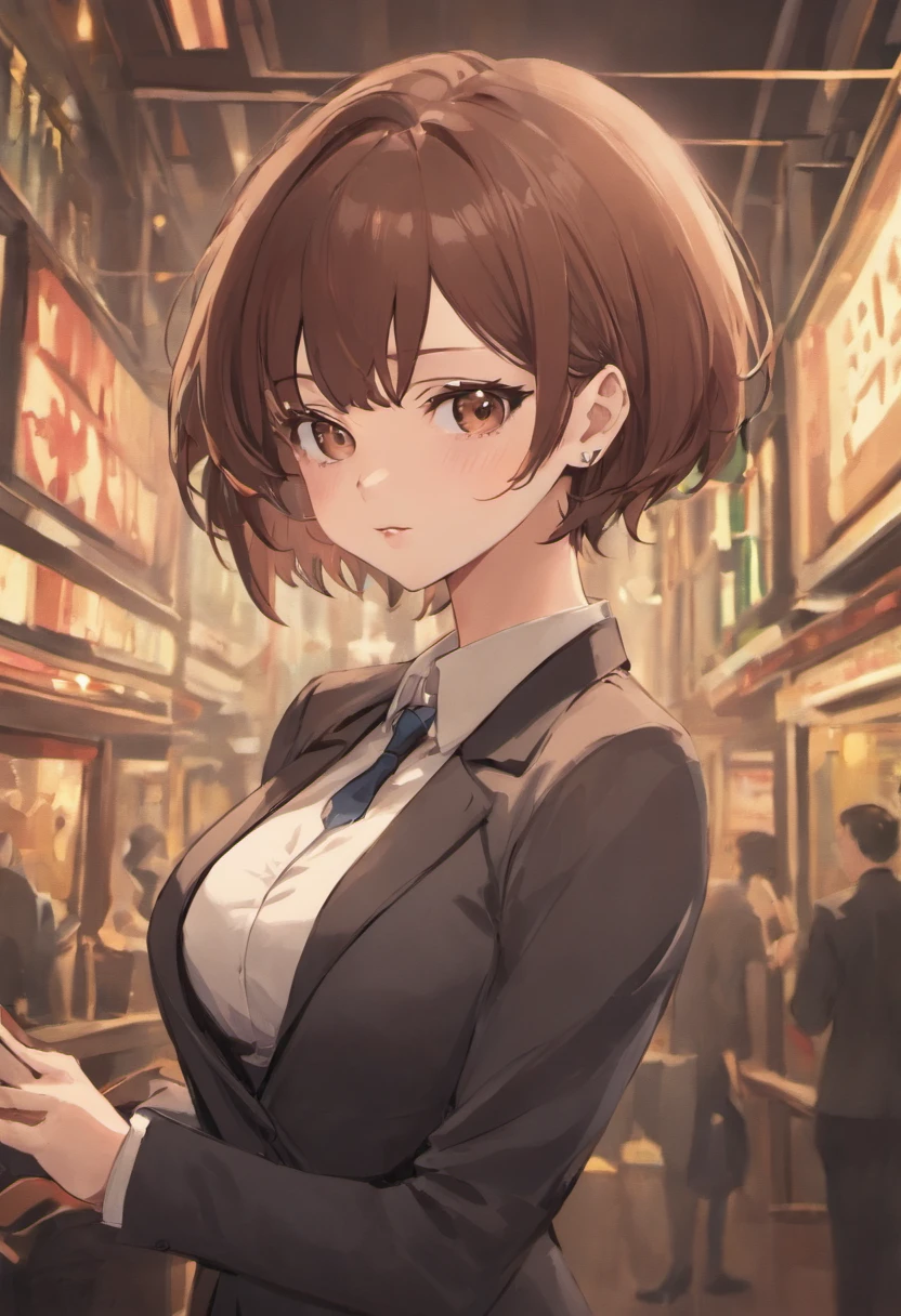 Female busty business woman, short brown hair, wearing makeup, wearing business outfit, sexy, cute, full lips, wearing lipstick, black clothing, brown eyes, busty, has tattoos, wearing earrings