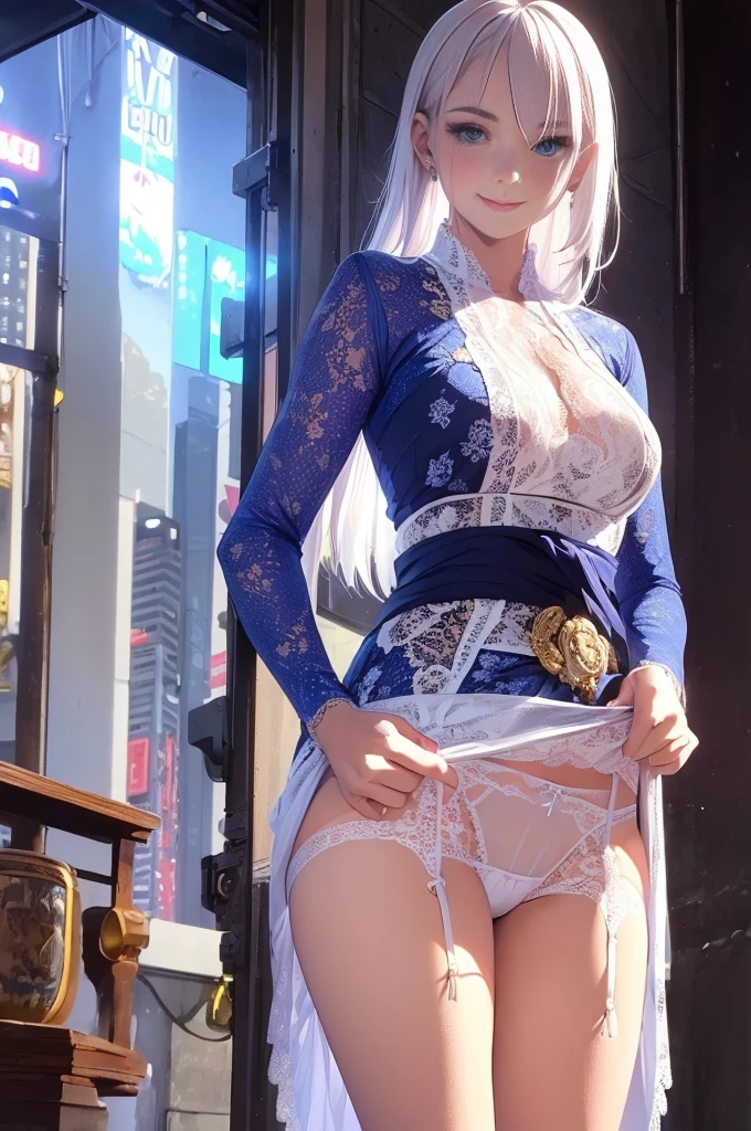 RiseliaRay,white hair,blue eyes,masterpiece,best quality,night view,rainy,cyberpunk city,wet clothes, kebaya_bali,blue_kebaya_bali,large breasts,sweaty smile,show nipples ,transparent dress ,show armpits,get raped by 1 man,((skirt lift by myself))), (lifted by self), panties , panties focus,(white lace panties:1.3)