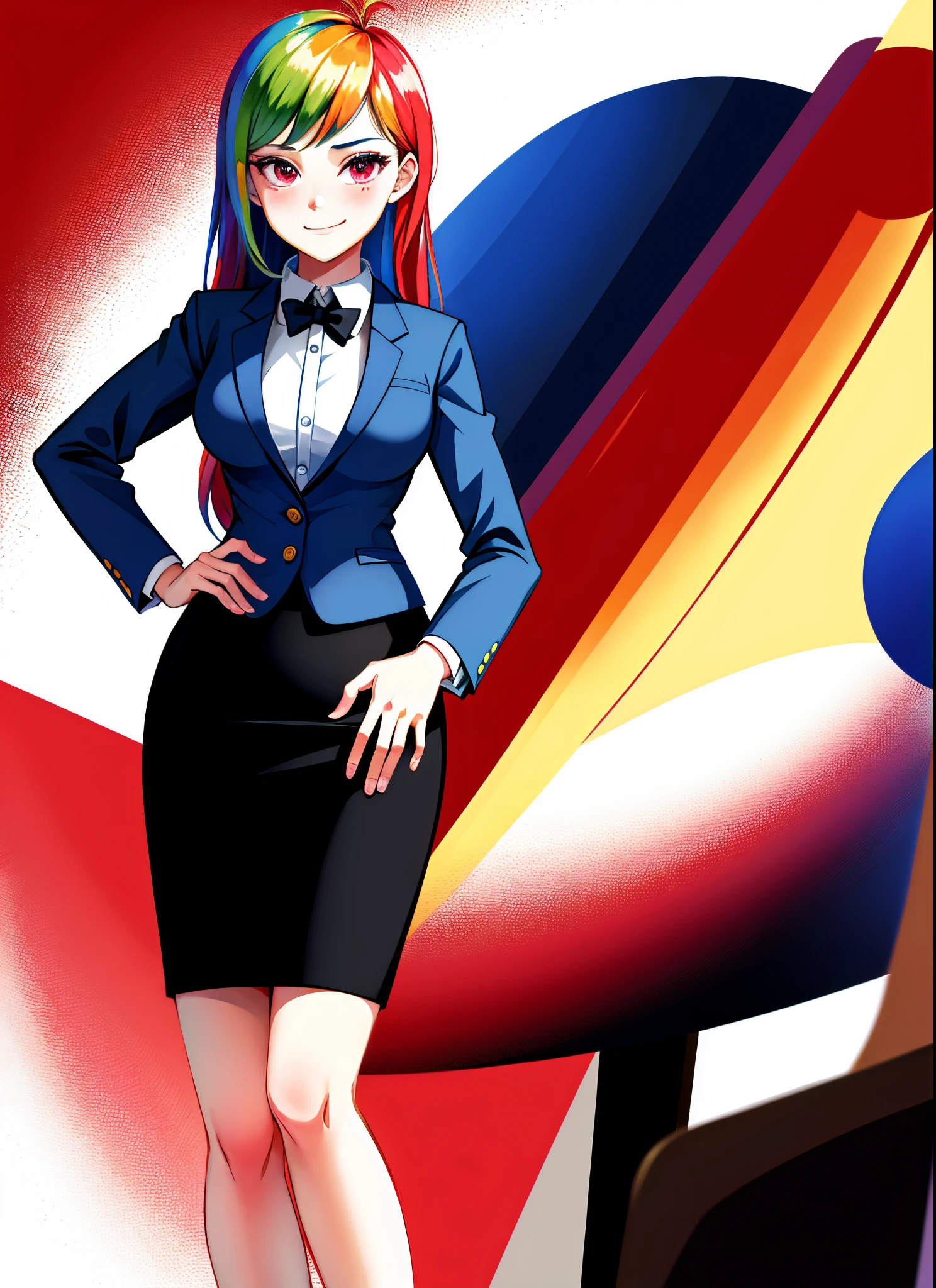 1girl, masterpiece, (detailed background), best quality, absurdres,
smirk, business suit, skirt suit, blazer, pencil skirt, high heels, closed mouth, from below,
mlpdash, personification, multicolored hair, colored skin, blue skin,