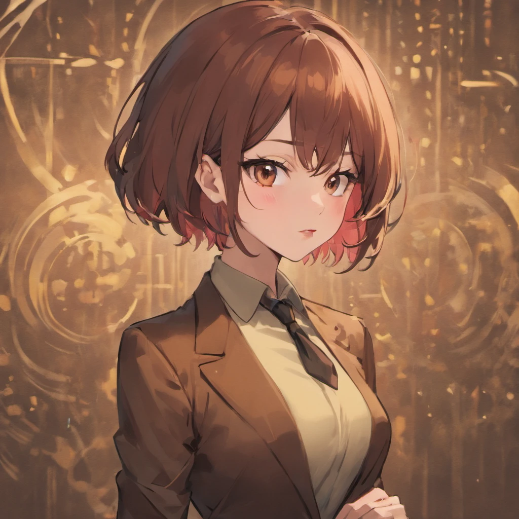 Female busty business woman, short brown hair, wearing makeup, wearing business outfit, sexy, cute, full lips, wearing lipstick, black clothing, brown eyes, busty, has tattoos, wearing earrings