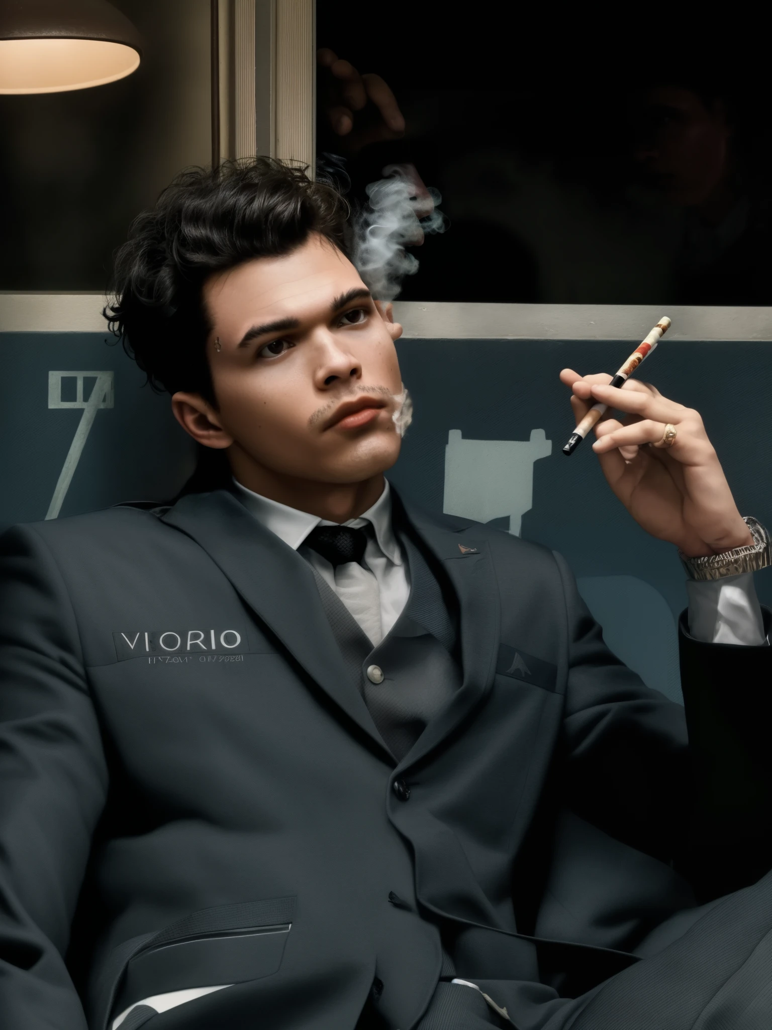 there is a man in a suit smoking a cigarette in a room, Jayson Tatum como Che Guevara, Jamie Reid, taken in the early 2020s, subject action: fumar um charuto, Absorto em pensamentos, Contemplando, Jayson Tatum como Guerilla Heroica, miles johnstone, olhando para a sua esquerda, retrato solo, foto retrato