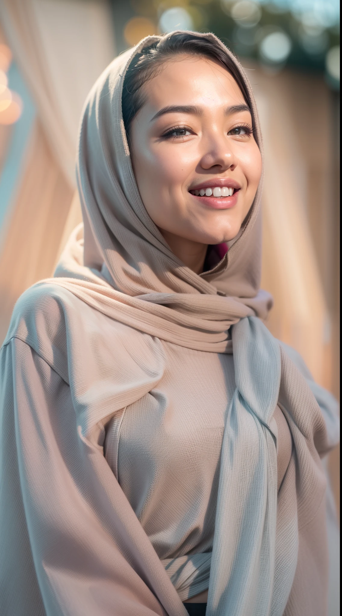 Malay girl in hijab wear big oversized loose blouse and high waist loose cotton pants, pastel color, seating, wear back pack, front view, detail skin, detail skin texture, mole below eyes, small breast, big hip, big waist, big thigh, slim abs, beautiful body, evening, laughing, happy, bright lighting, blur background, bokeh,Super 8mm lense, Extreme close-up, deep focus cinematography effect, Natural Lighting, pastel color grading, high quality, ultra detail, 8k resolution
