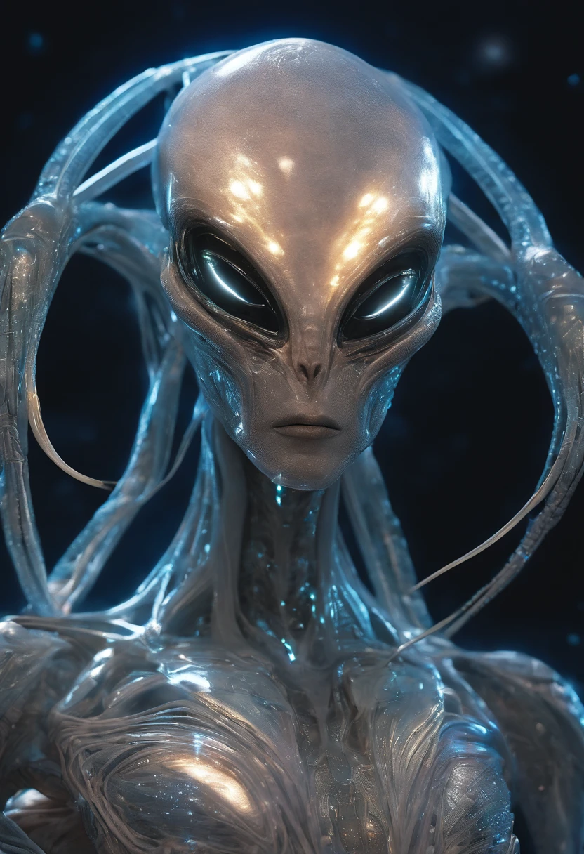 fantchar, a translucent ethereal alien with delicate features in a sci-fi setting, glowing from within, sparks and lights, moonlight, moon, close-up, realistic, highly detailed, intricate