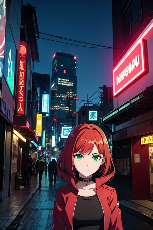 Cyberpunk, a noite, casal caminhando, conversando e rindo na cidade, Red-haired girl with green eyes, rapaz de cabelos pretos e brancos e olhos azuis, anime