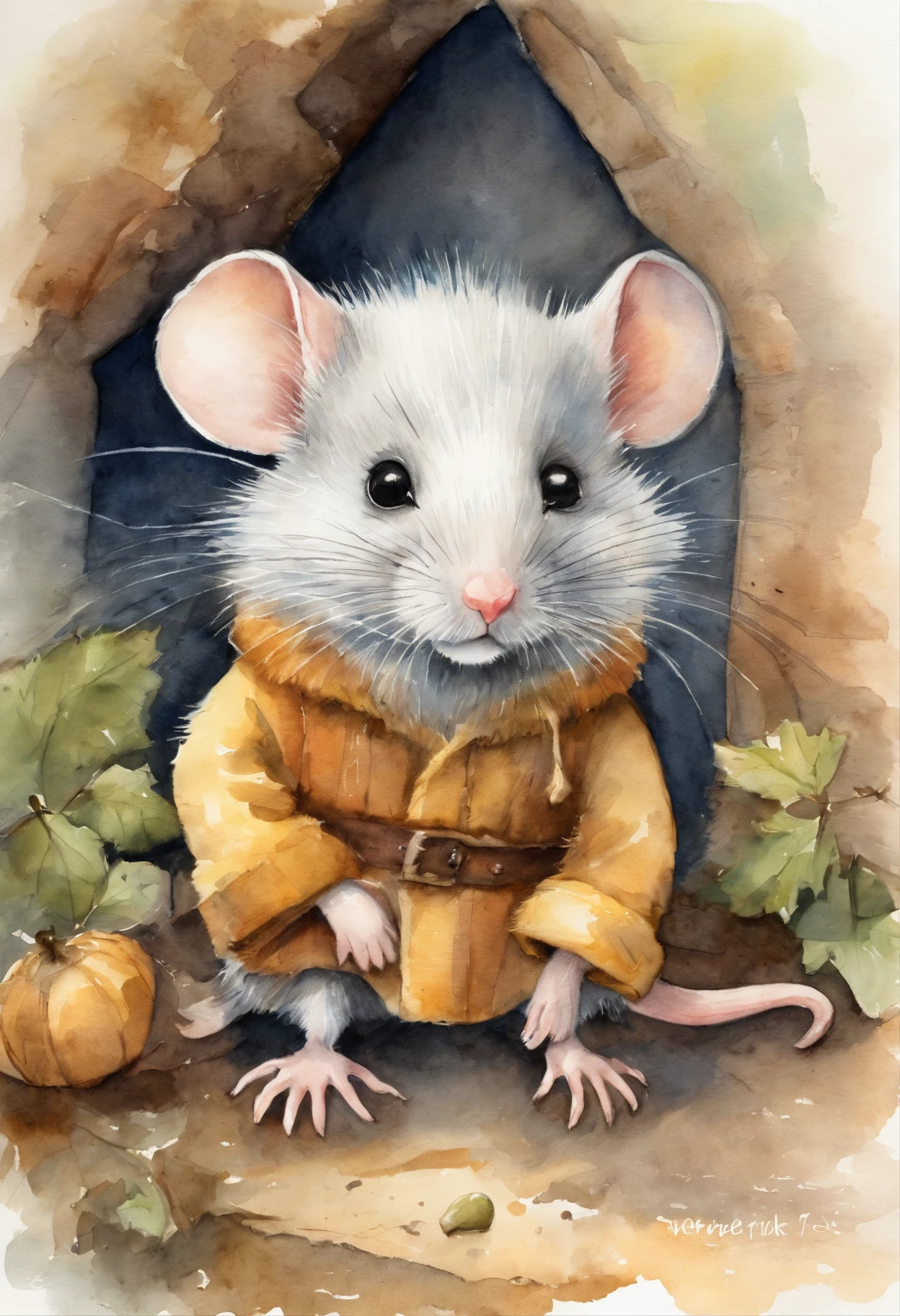 Small mouse,adolable,Shaggy,comic strip,White hair, cheese, Fairytale house, Detailed picture。